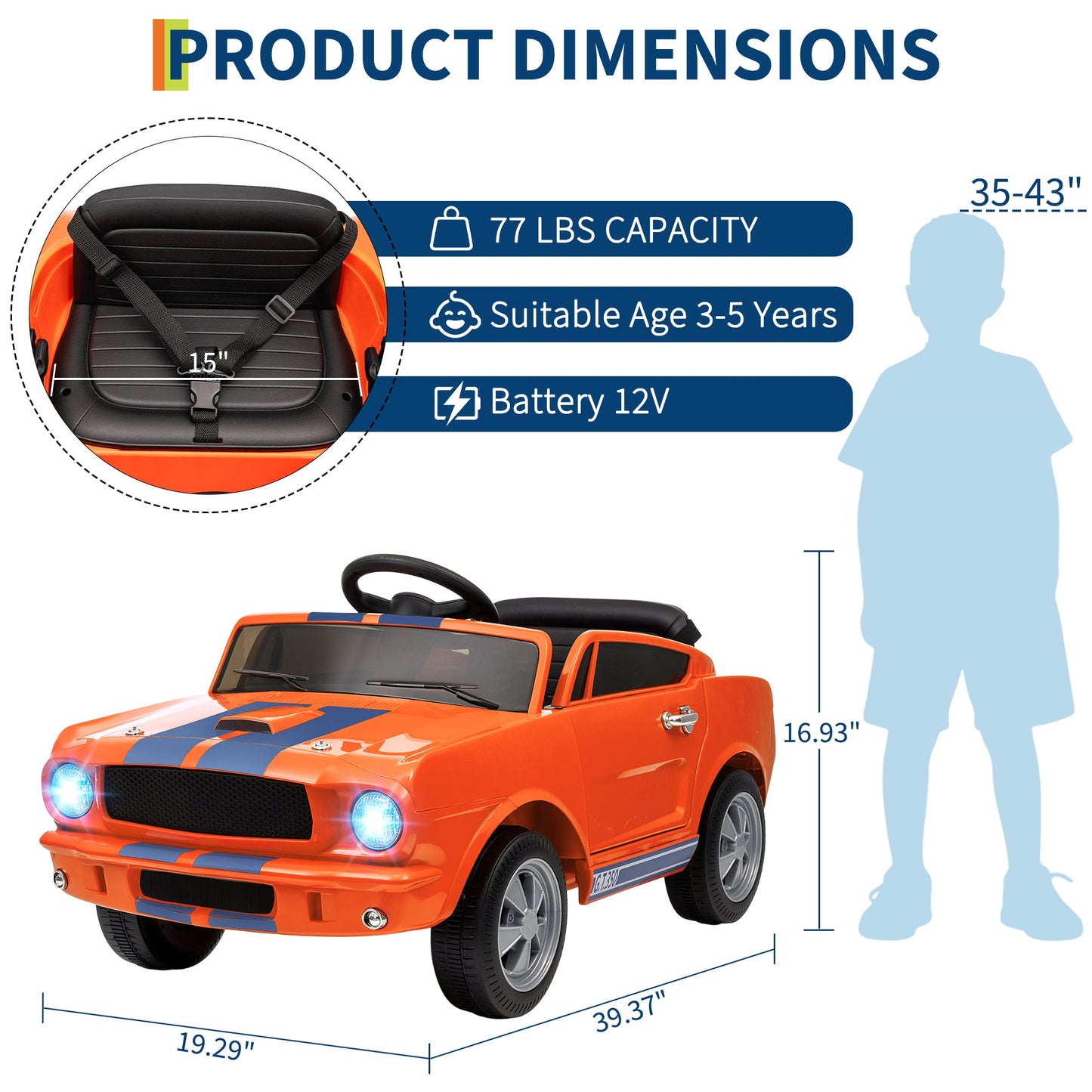 Garvee Ride - P Series: 12V Ride On Licensed Shelby GT350 Electric Car for Toddlers, Remote & Pedal Control, Safety Belt, LED Lights, 2 Speeds, Orange, Ages 3+, Outdoor Play