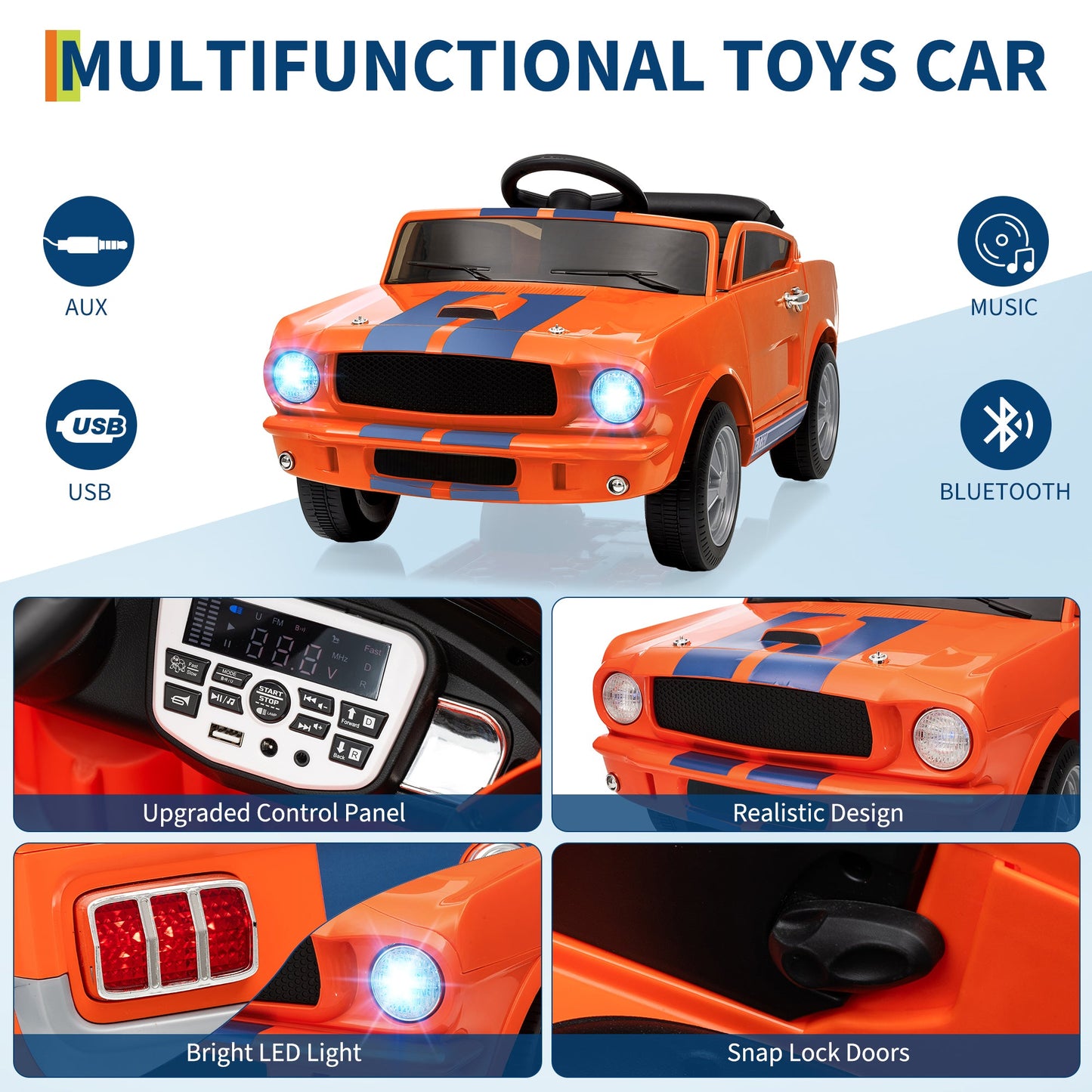 Garvee Ride - P Series: 12V Ride On Licensed Shelby GT350 Electric Car for Toddlers, Remote & Pedal Control, Safety Belt, LED Lights, 2 Speeds, Orange, Ages 3+, Outdoor Play