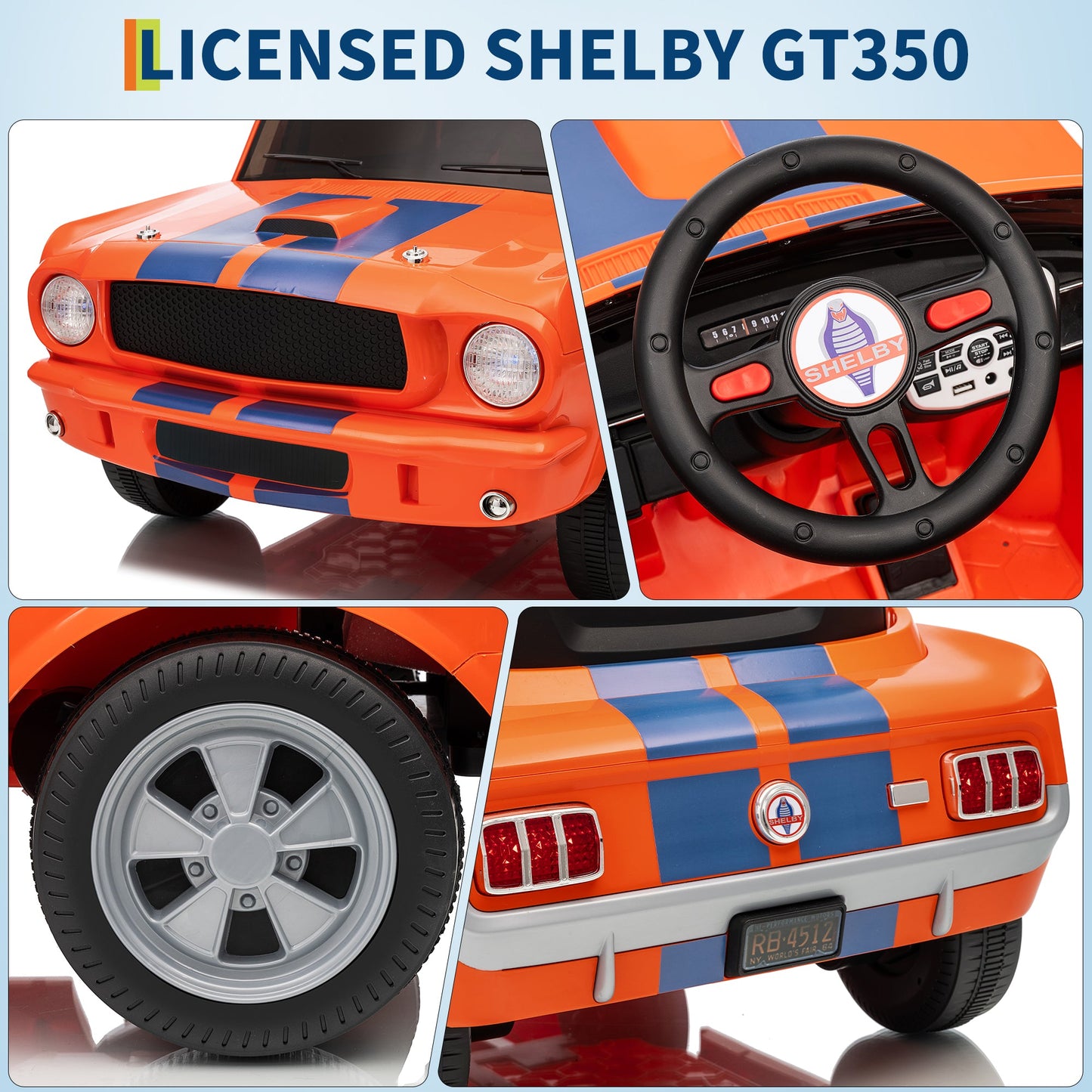 Garvee Ride - P Series: 12V Ride On Licensed Shelby GT350 Electric Car for Toddlers, Remote & Pedal Control, Safety Belt, LED Lights, 2 Speeds, Orange, Ages 3+, Outdoor Play