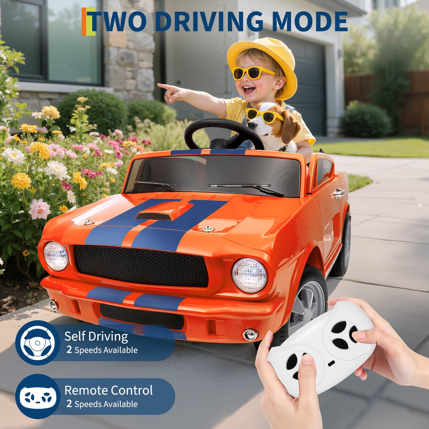 Garvee Ride - P Series: 12V Ride On Licensed Shelby GT350 Electric Car for Toddlers, Remote & Pedal Control, Safety Belt, LED Lights, 2 Speeds, Orange, Ages 3+, Outdoor Play