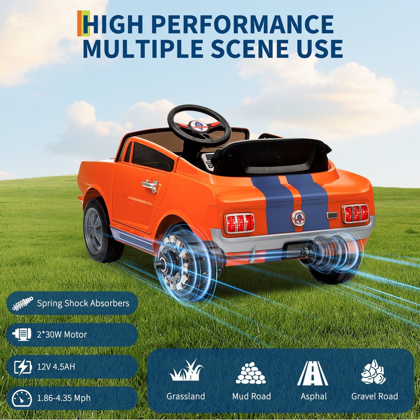 Garvee Ride - P Series: 12V Ride On Licensed Shelby GT350 Electric Car for Toddlers, Remote & Pedal Control, Safety Belt, LED Lights, 2 Speeds, Orange, Ages 3+, Outdoor Play