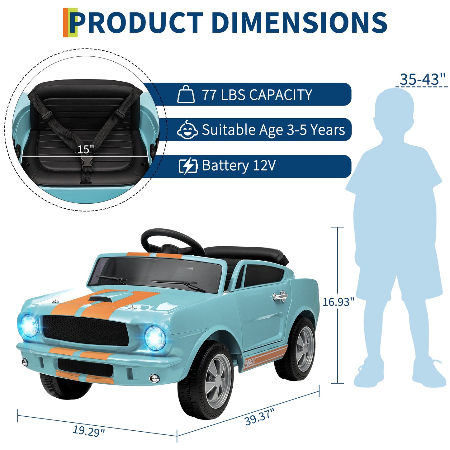 Garvee Ride - P Series: 12V Ride On Shelby GT350 Electric Car for Toddlers with Remote Control, 2 Speeds, Safety Belt, LED Lights, Music, Light Blue, Ages 3+, Indoor/Outdoor