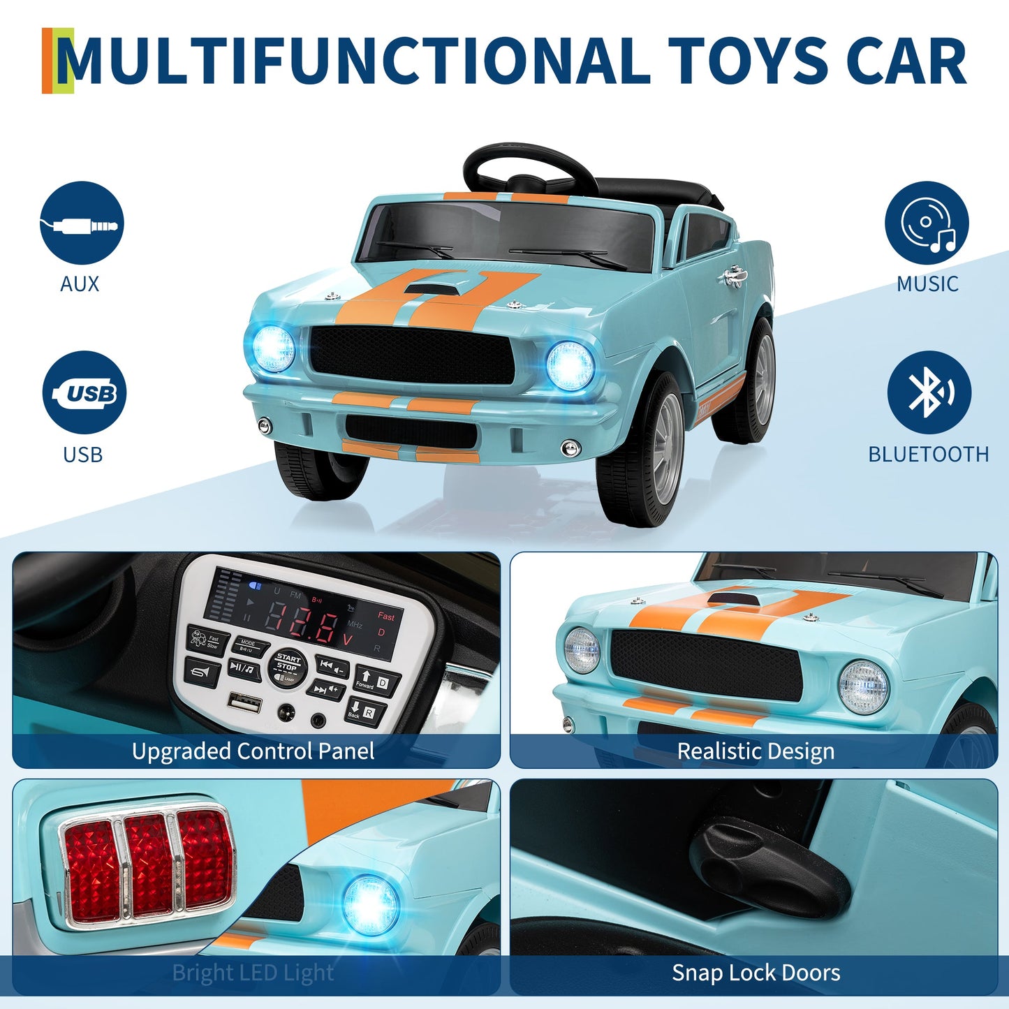 Garvee Ride - P Series: 12V Ride On Shelby GT350 Electric Car for Toddlers with Remote Control, 2 Speeds, Safety Belt, LED Lights, Music, Light Blue, Ages 3+, Indoor/Outdoor