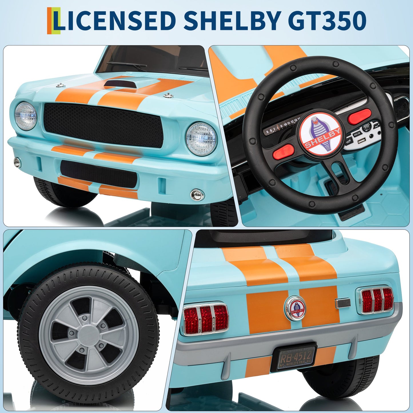 Garvee Ride - P Series: 12V Ride On Shelby GT350 Electric Car for Toddlers with Remote Control, 2 Speeds, Safety Belt, LED Lights, Music, Light Blue, Ages 3+, Indoor/Outdoor