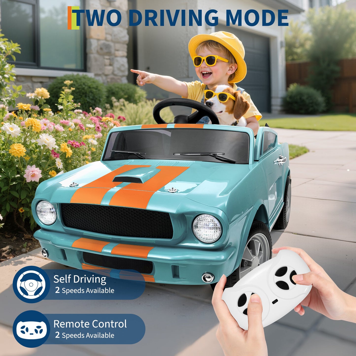 Garvee Ride - P Series: 12V Ride On Shelby GT350 Electric Car for Toddlers with Remote Control, 2 Speeds, Safety Belt, LED Lights, Music, Light Blue, Ages 3+, Indoor/Outdoor