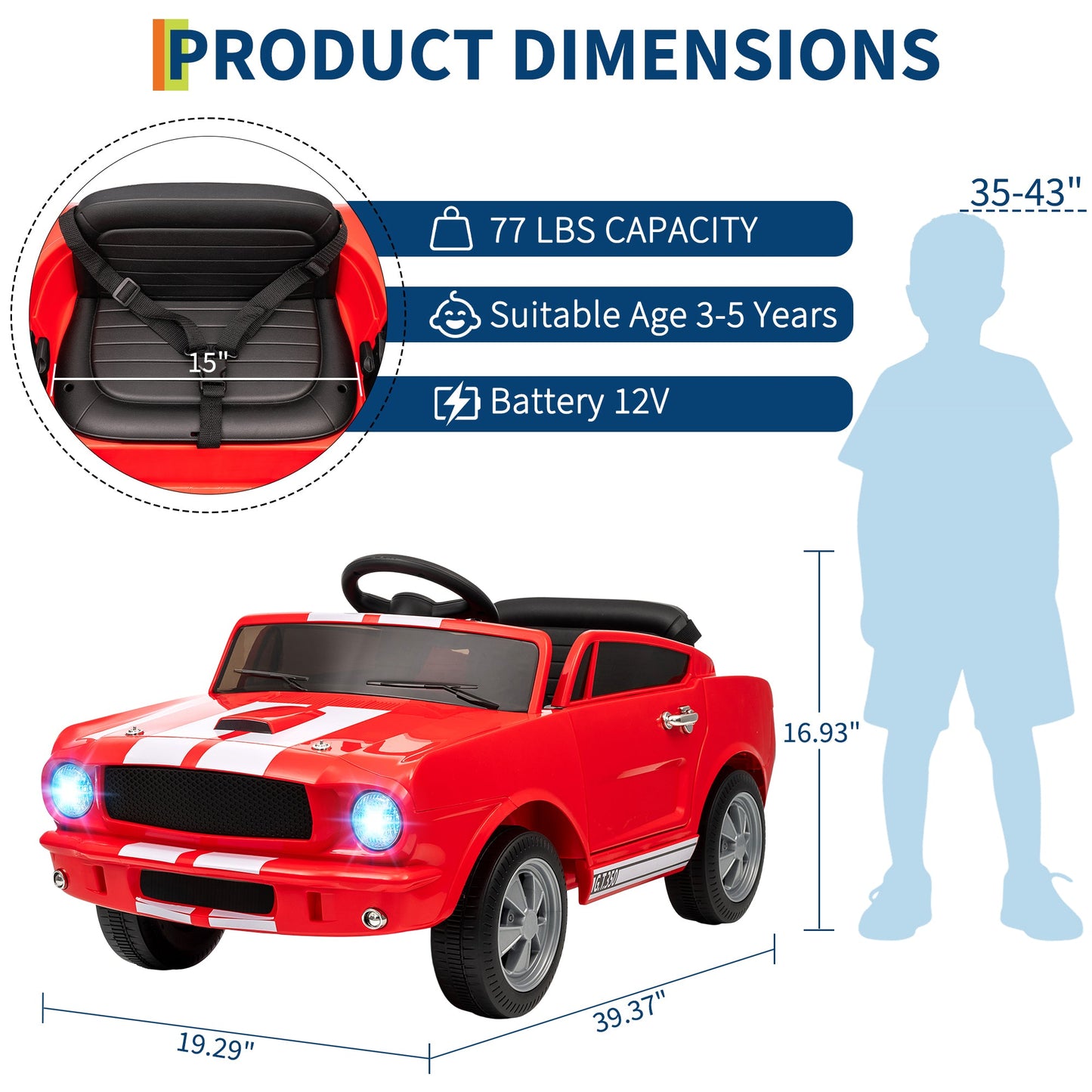 Garvee Ride - P Series: 12V Ride On Licensed Shelby GT350 Electric Car with Remote Control, Safety Belt, 2 Speeds, LED Lights, Music, Red for Toddlers 3+