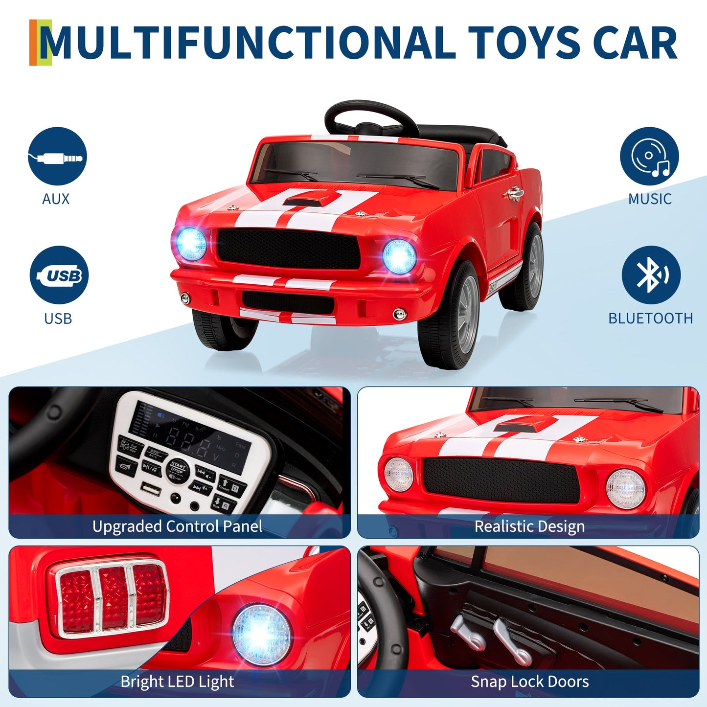 Garvee Ride - P Series: 12V Ride On Licensed Shelby GT350 Electric Car with Remote Control, Safety Belt, 2 Speeds, LED Lights, Music, Red for Toddlers 3+