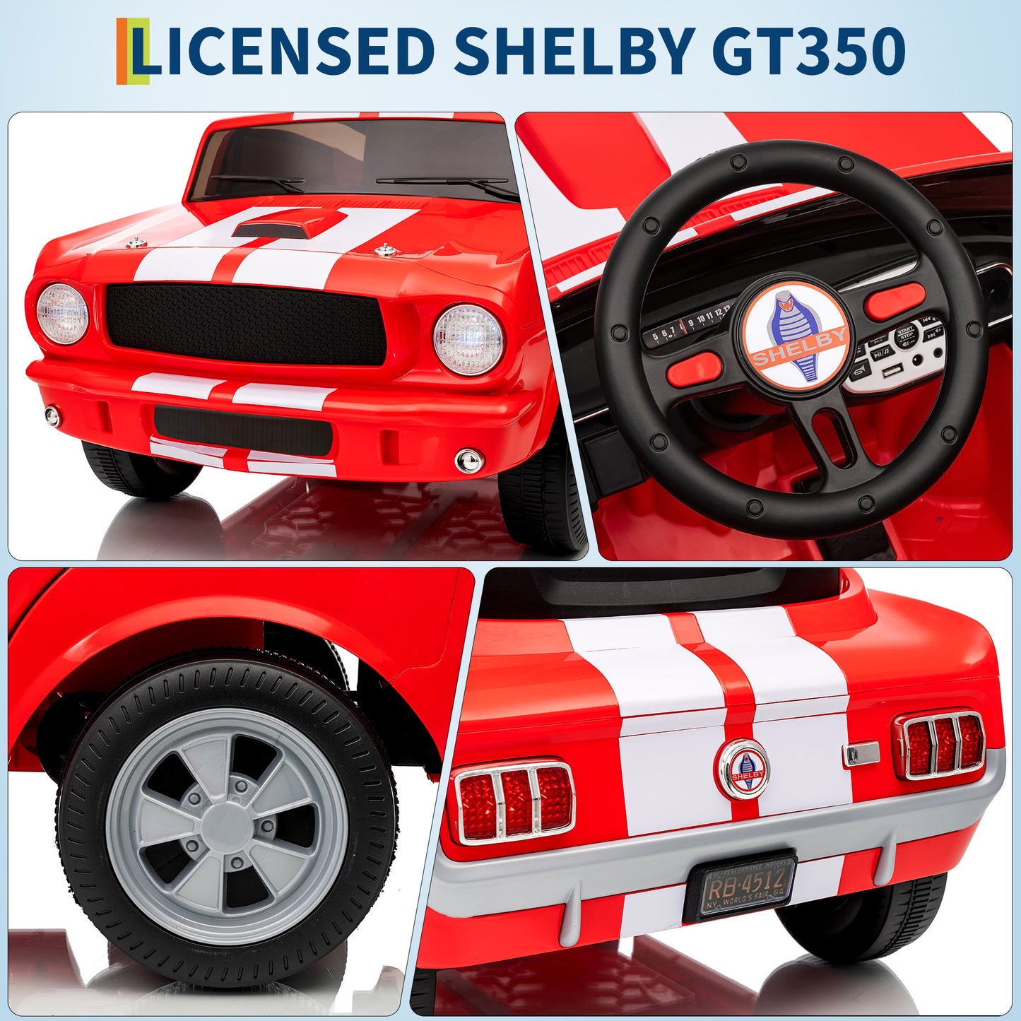 Garvee Ride - P Series: 12V Ride On Licensed Shelby GT350 Electric Car with Remote Control, Safety Belt, 2 Speeds, LED Lights, Music, Red for Toddlers 3+
