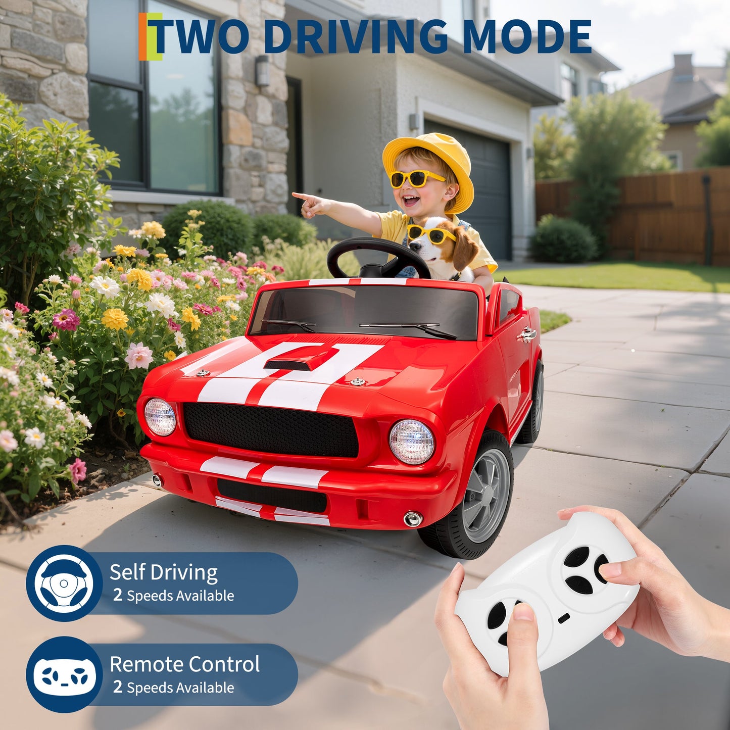 Garvee Ride - P Series: 12V Ride On Licensed Shelby GT350 Electric Car with Remote Control, Safety Belt, 2 Speeds, LED Lights, Music, Red for Toddlers 3+