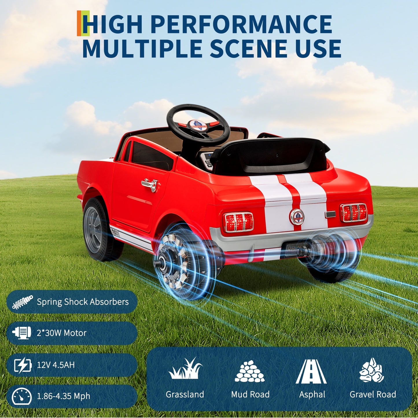 Garvee Ride - P Series: 12V Ride On Licensed Shelby GT350 Electric Car with Remote Control, Safety Belt, 2 Speeds, LED Lights, Music, Red for Toddlers 3+