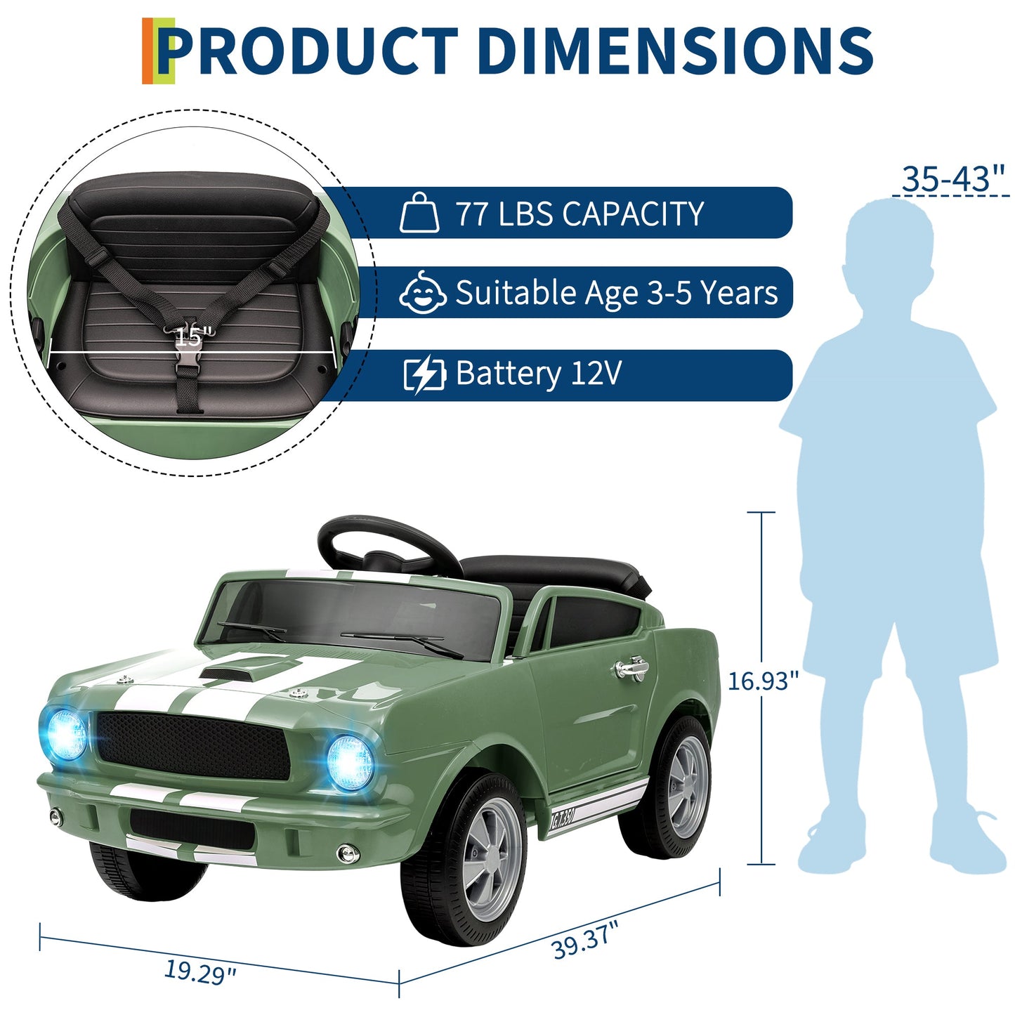 Garvee Ride - P Series: 12V Ride On Licensed Shelby GT350 Electric Car for Toddlers with Remote Control, Safety Belt, 2 Speeds, LED Lights, Music, Green - Kids Battery Powered Vehicle for Ages 3+