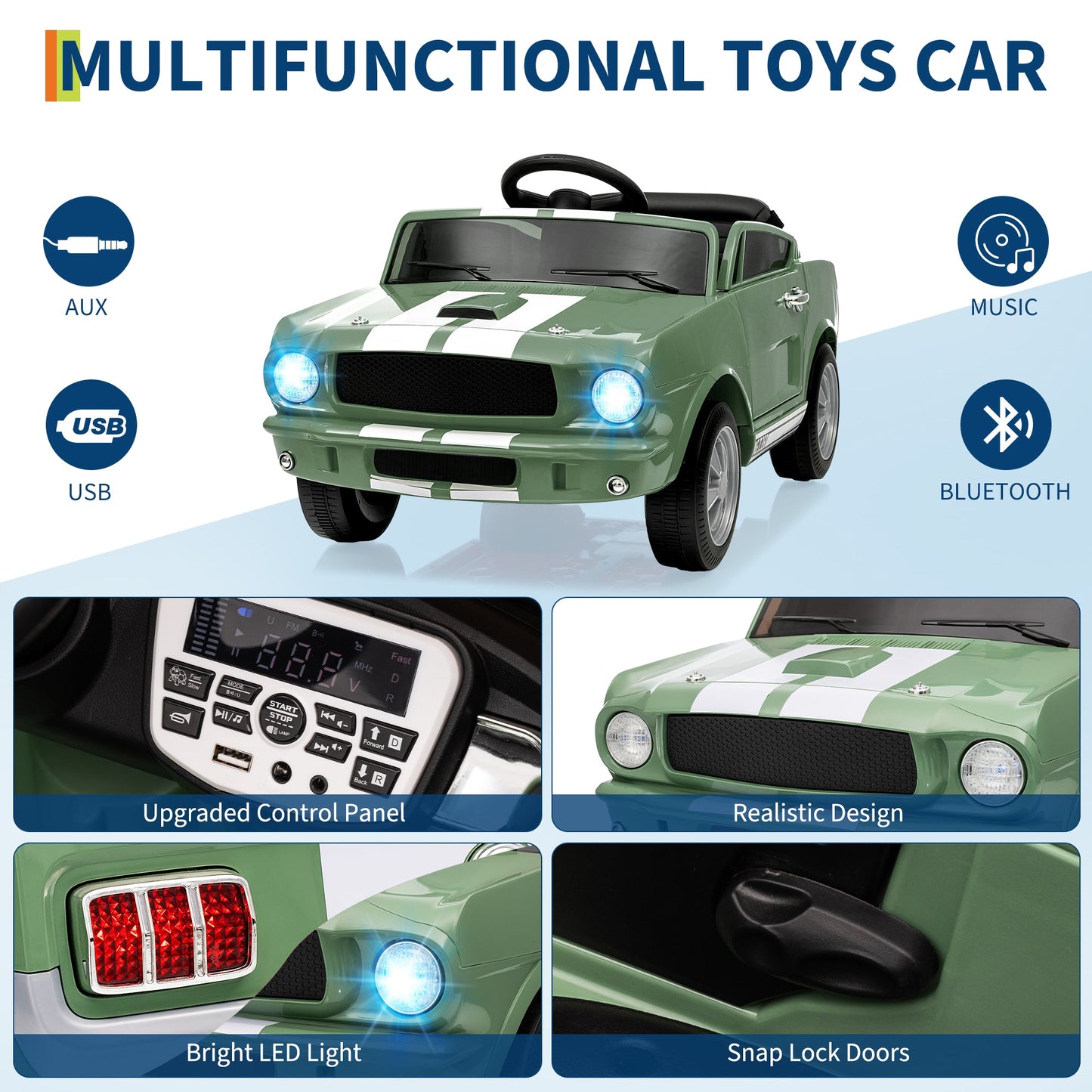 Garvee Ride - P Series: 12V Ride On Licensed Shelby GT350 Electric Car for Toddlers with Remote Control, Safety Belt, 2 Speeds, LED Lights, Music, Green - Kids Battery Powered Vehicle for Ages 3+