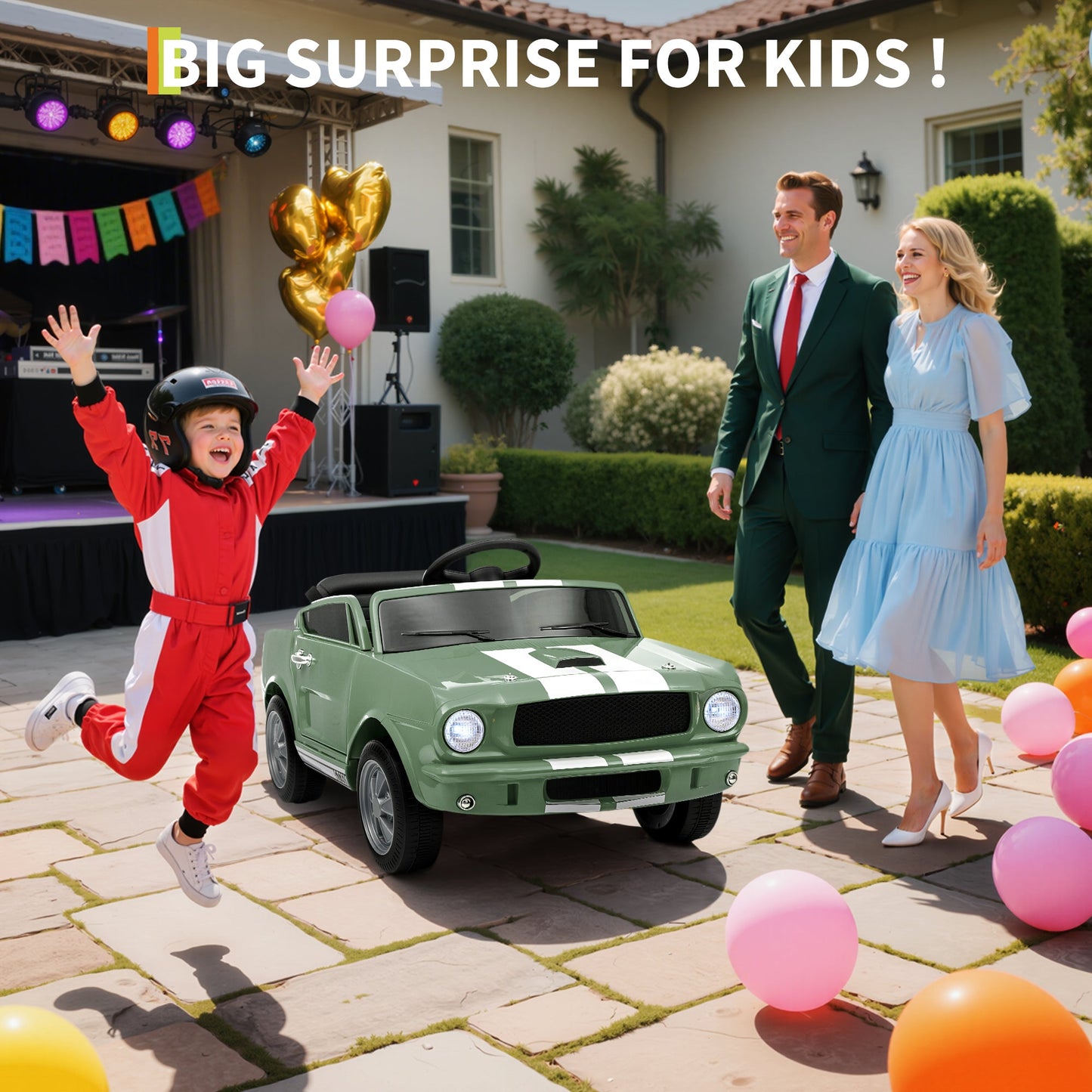 Garvee Ride - P Series: 12V Ride On Licensed Shelby GT350 Electric Car for Toddlers with Remote Control, Safety Belt, 2 Speeds, LED Lights, Music, Green - Kids Battery Powered Vehicle for Ages 3+