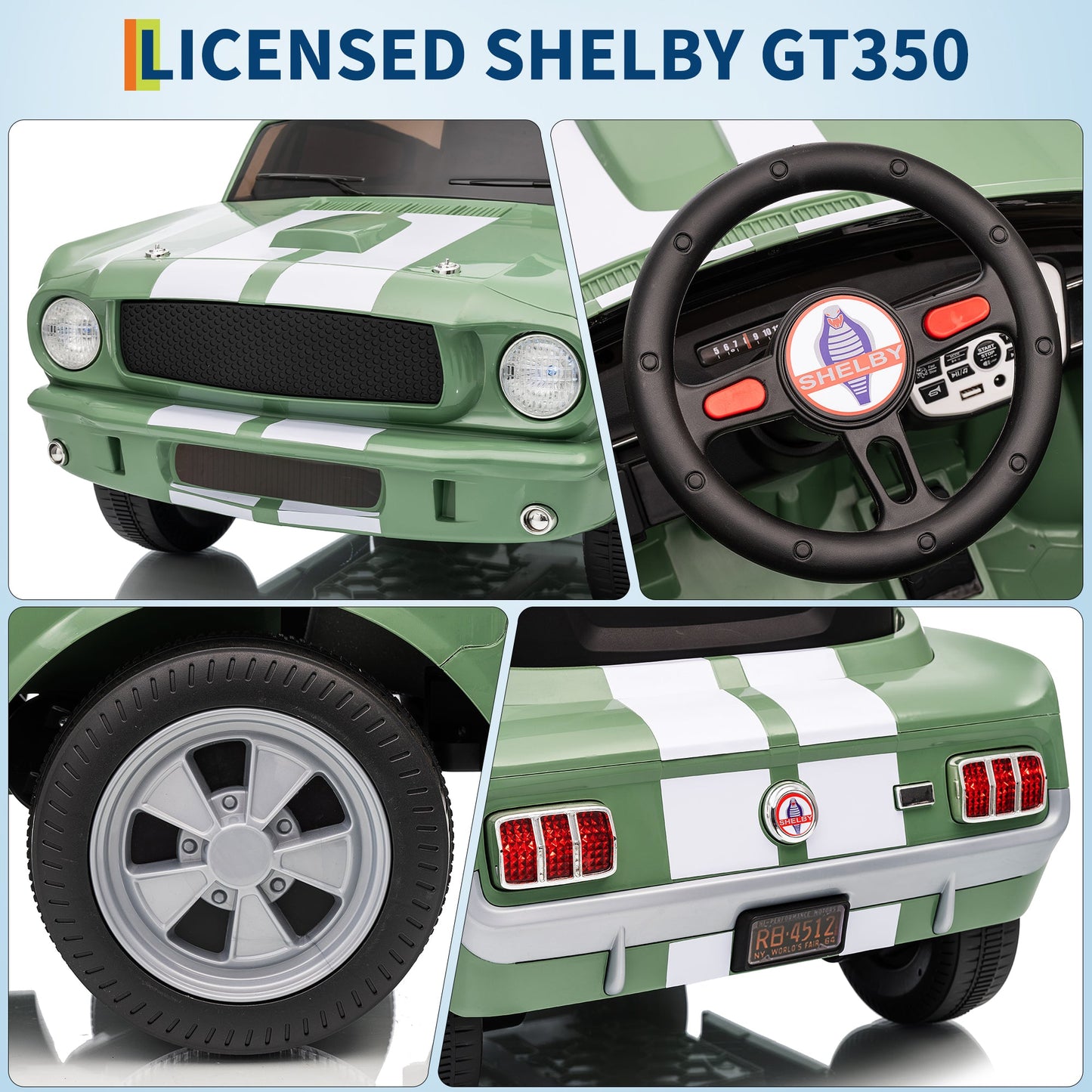 Garvee Ride - P Series: 12V Ride On Licensed Shelby GT350 Electric Car for Toddlers with Remote Control, Safety Belt, 2 Speeds, LED Lights, Music, Green - Kids Battery Powered Vehicle for Ages 3+
