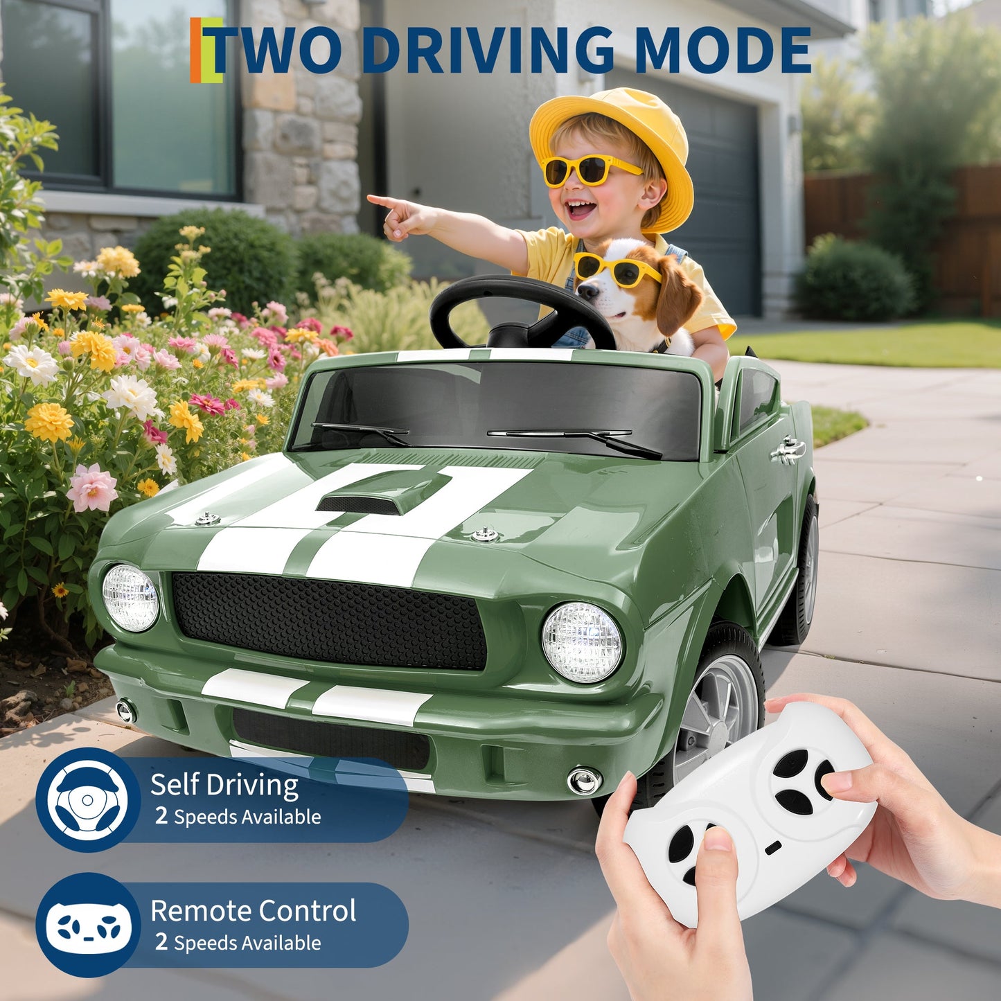 Garvee Ride - P Series: 12V Ride On Licensed Shelby GT350 Electric Car for Toddlers with Remote Control, Safety Belt, 2 Speeds, LED Lights, Music, Green - Kids Battery Powered Vehicle for Ages 3+