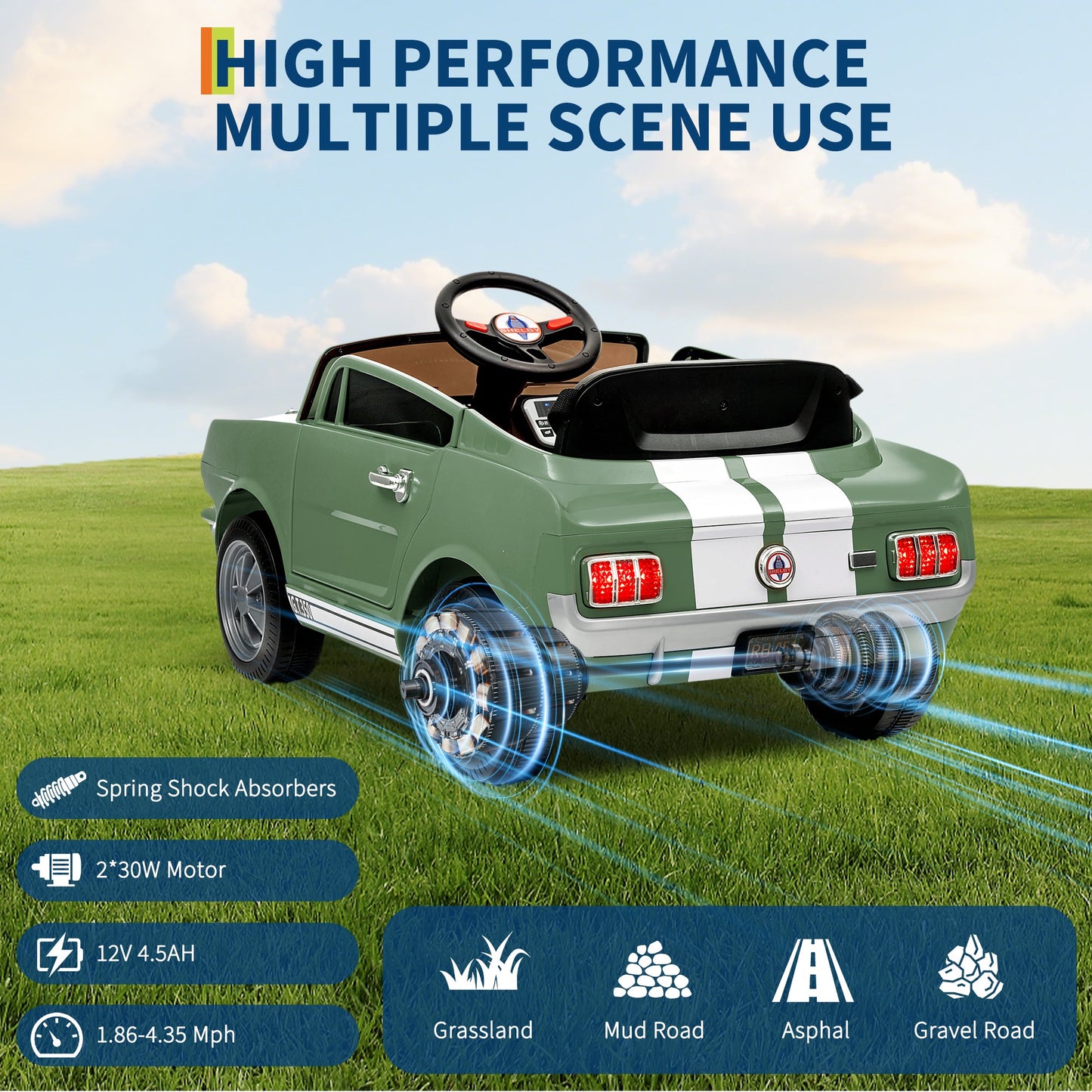 Garvee Ride - P Series: 12V Ride On Licensed Shelby GT350 Electric Car for Toddlers with Remote Control, Safety Belt, 2 Speeds, LED Lights, Music, Green - Kids Battery Powered Vehicle for Ages 3+