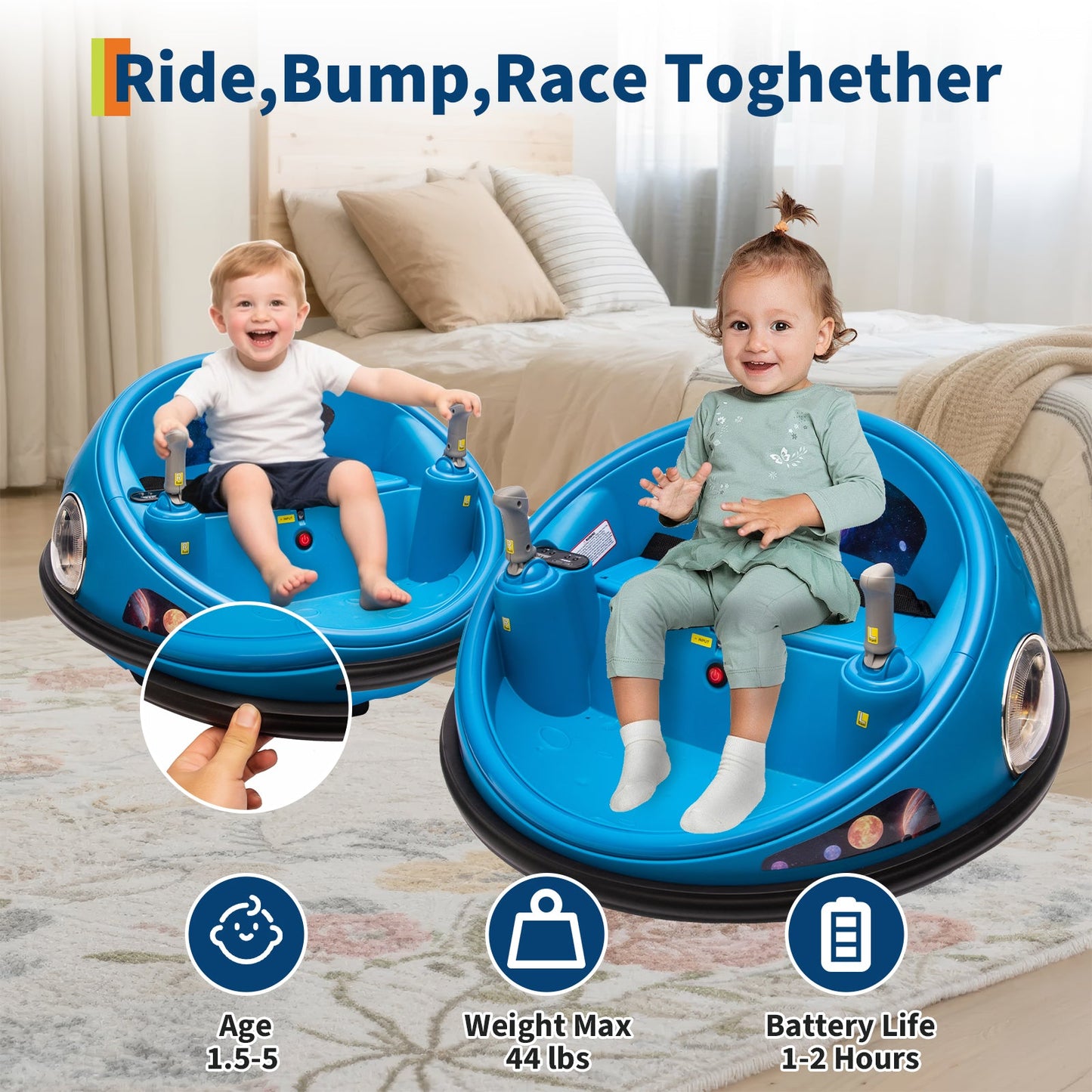 Garvee Ride B Series 12V Kids Electric Bumper Car with Parent Remote Control, 360° Spinning, Music, 2 Speed Modes, Safety Belt, Blue for Toddlers 2-3 Years
