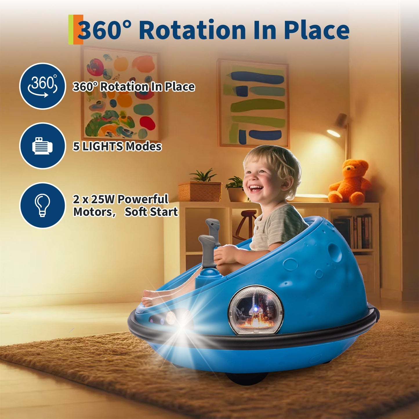 Garvee Ride B Series 12V Kids Electric Bumper Car with Parent Remote Control, 360° Spinning, Music, 2 Speed Modes, Safety Belt, Blue for Toddlers 2-3 Years
