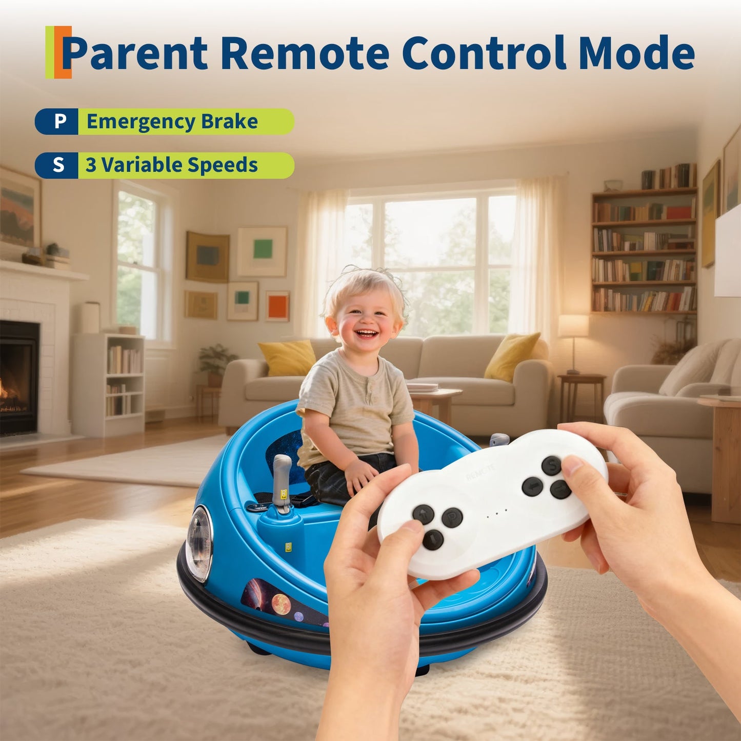 Garvee Ride B Series 12V Kids Electric Bumper Car with Parent Remote Control, 360° Spinning, Music, 2 Speed Modes, Safety Belt, Blue for Toddlers 2-3 Years