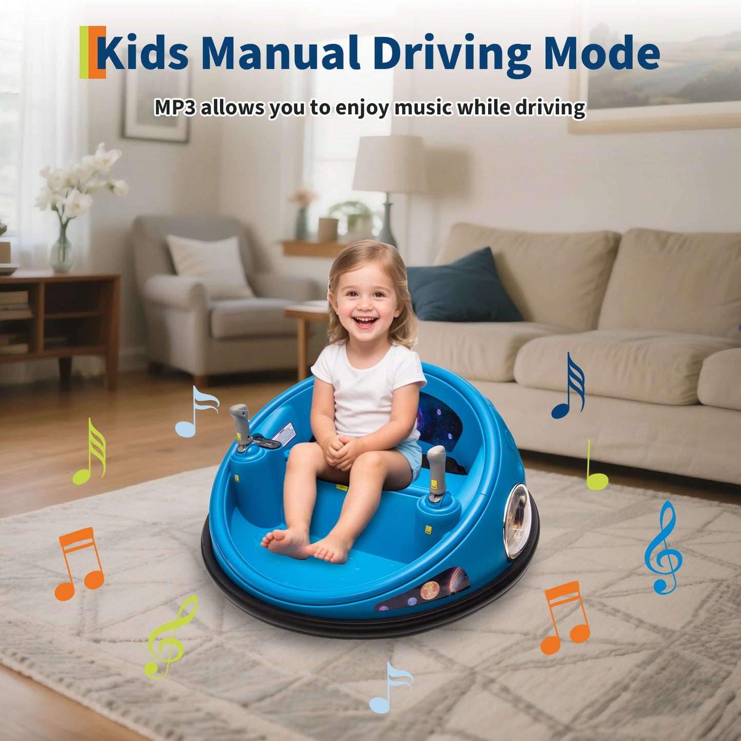 Garvee Ride B Series 12V Kids Electric Bumper Car with Parent Remote Control, 360° Spinning, Music, 2 Speed Modes, Safety Belt, Blue for Toddlers 2-3 Years