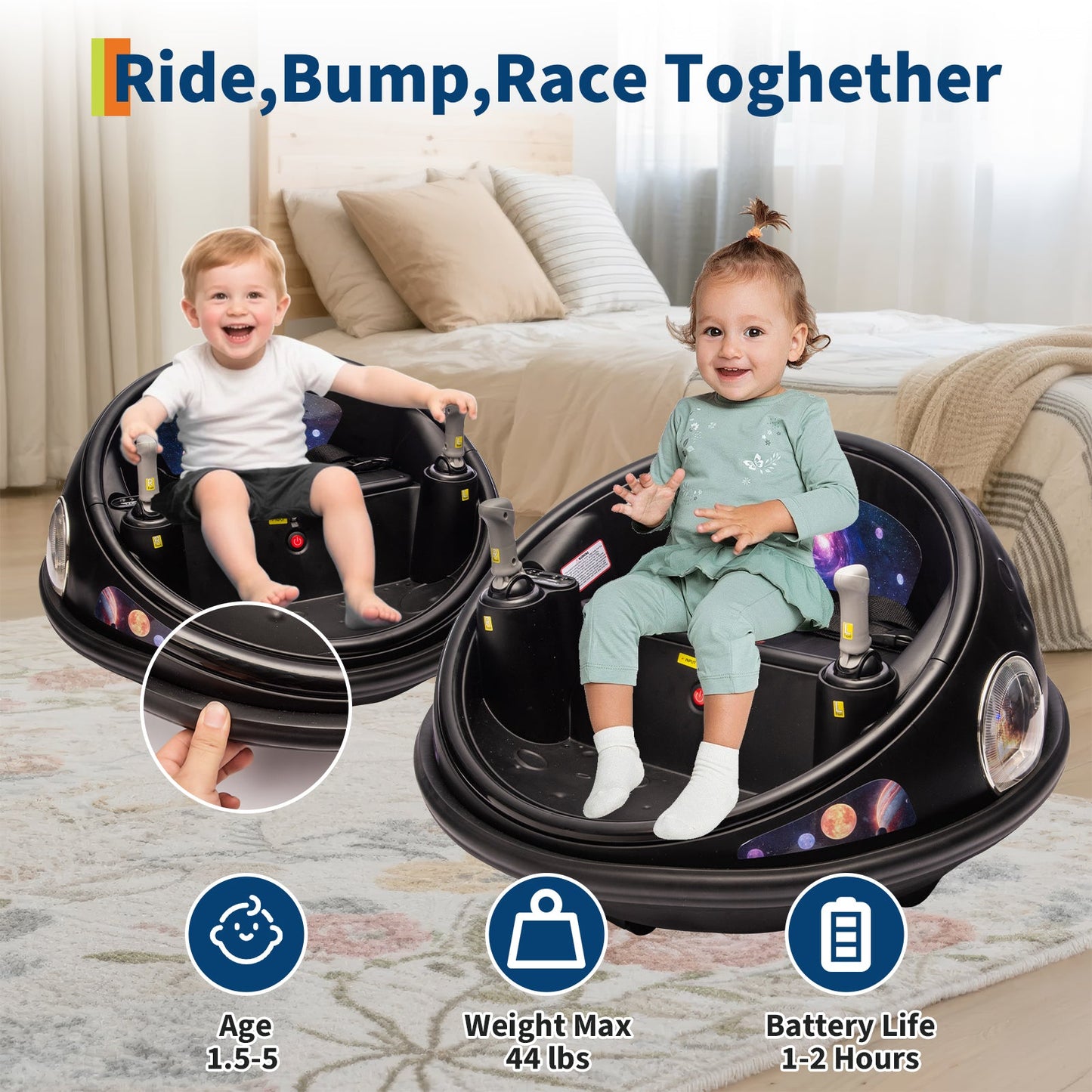 Garvee Ride B Series Kids Electric Bumper Car with Parent Remote Control, 360° Spinning, Music, 2 Speed Modes, Safety Belt, Black, Toddlers 2-3 Years
