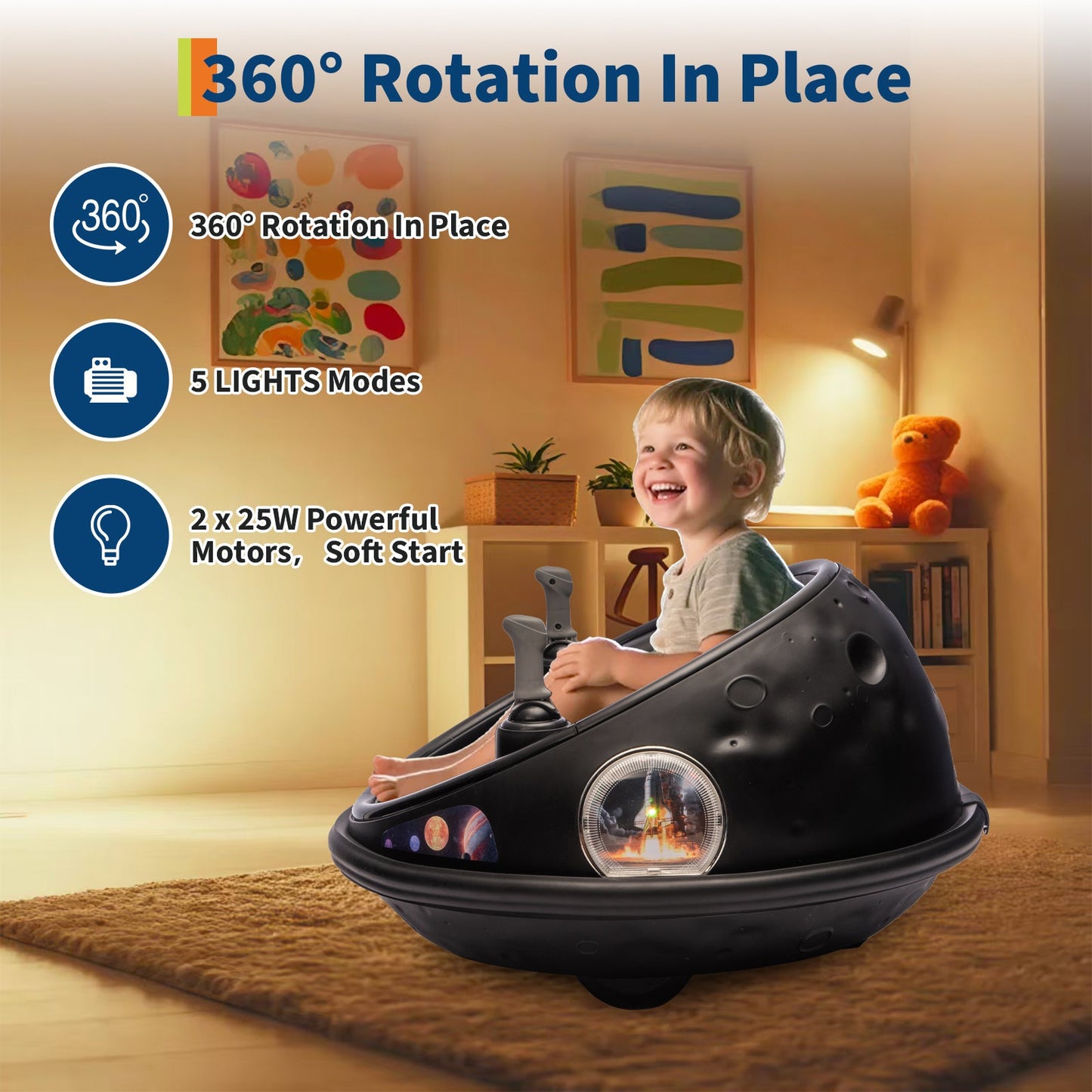 Garvee Ride B Series Kids Electric Bumper Car with Parent Remote Control, 360° Spinning, Music, 2 Speed Modes, Safety Belt, Black, Toddlers 2-3 Years