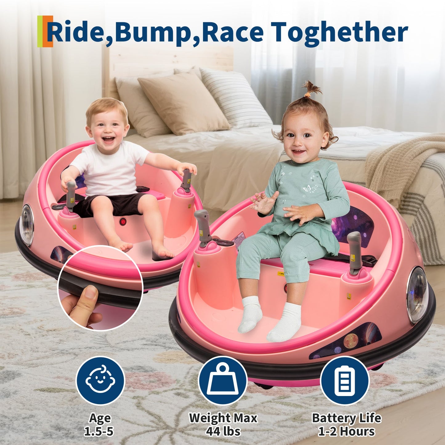 Garvee Ride B Series 12V Kids Electric Bumper Car with Parent Remote Control, 360° Spinning, Music, Safety Belt, Pink, Toddlers 2-3 Years