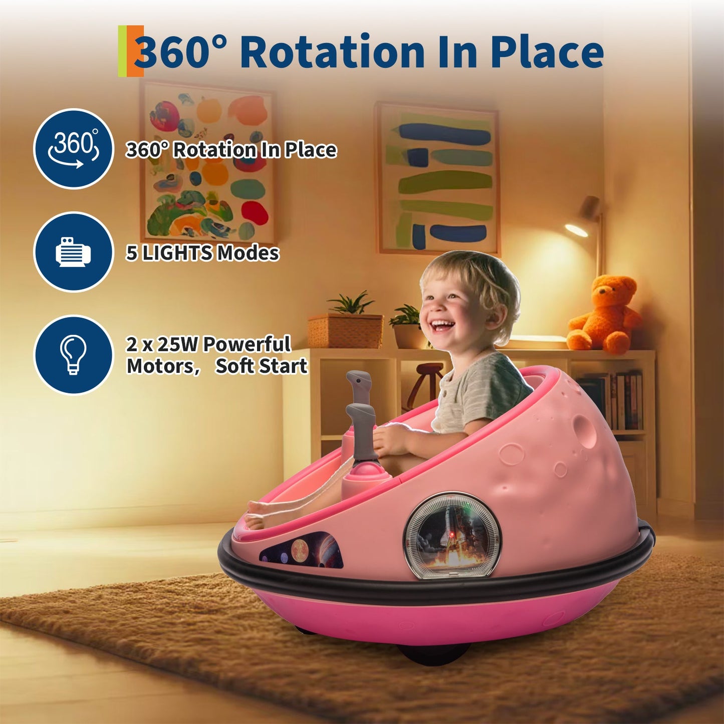 Garvee Ride B Series 12V Kids Electric Bumper Car with Parent Remote Control, 360° Spinning, Music, Safety Belt, Pink, Toddlers 2-3 Years