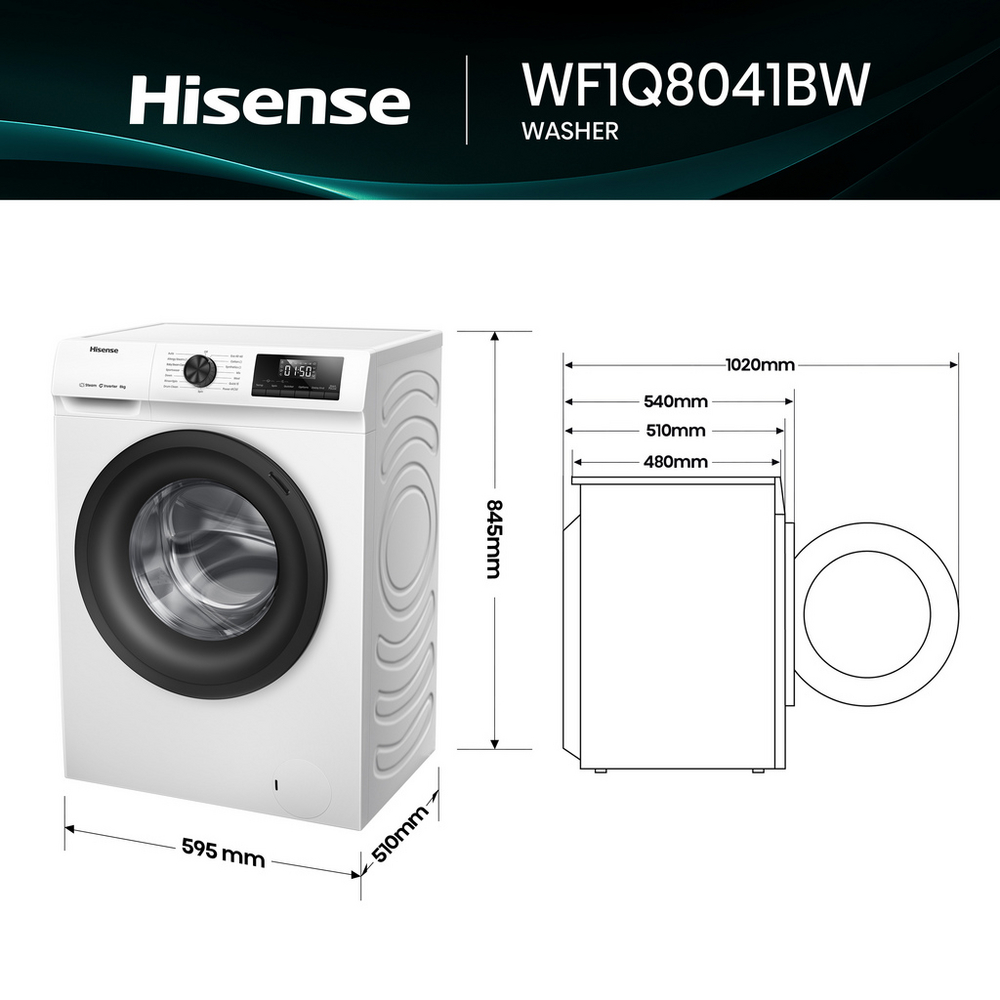 Hisense 1 Series WF1Q8041BW 8kg 1400 Spin Freestanding Steam Washing Machine White