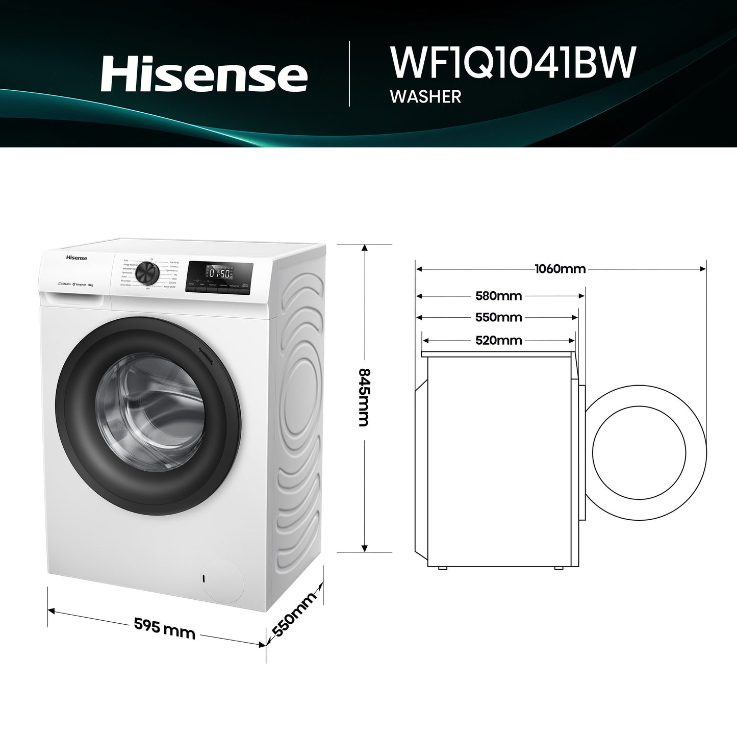Hisense 1Q Series WF1Q1041BW 10kg 1400 Spin Front Load Washing Machine White - A Rated