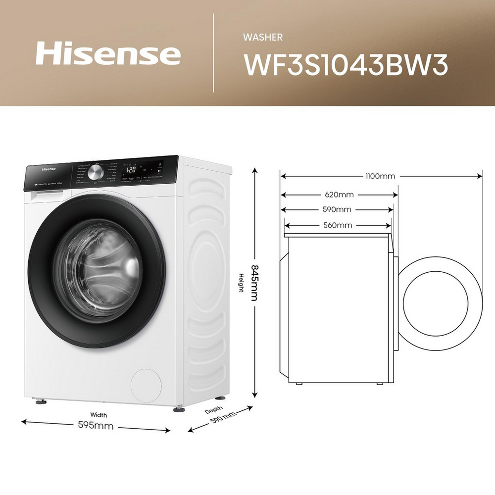 Hisense 3S Series WF3S1043BW3 WiFi-Enabled 10.5kg 1400 Spin Freestanding Washing Machine White