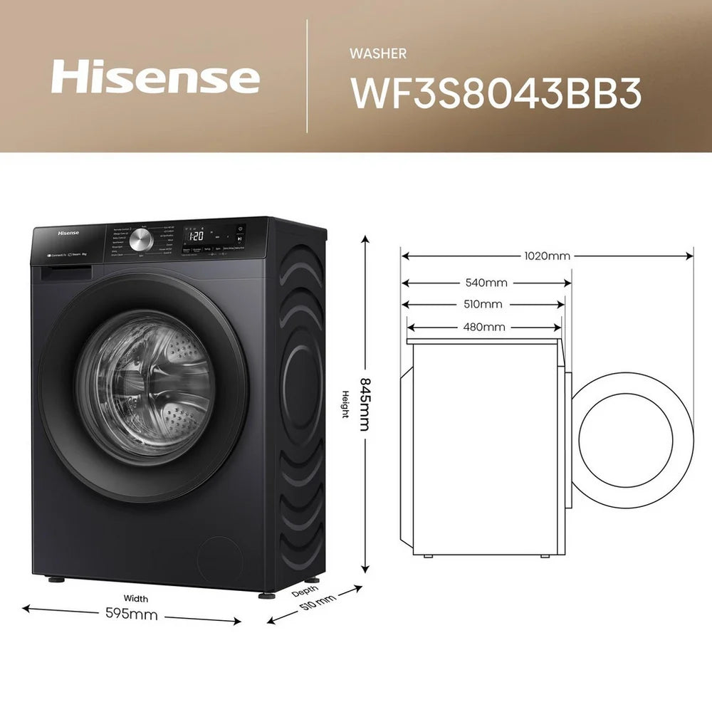 Hisense 3S Series WF3S8043BB3 WiFi-enabled 8kg 1400 Spin Washing Machine Black - A Rated
