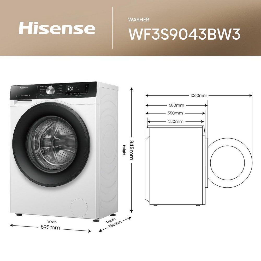 Hisense 3S Series WF3S9043BW3 9kg 1400 Spin WiFi-enabled Freestanding Washing Machine White