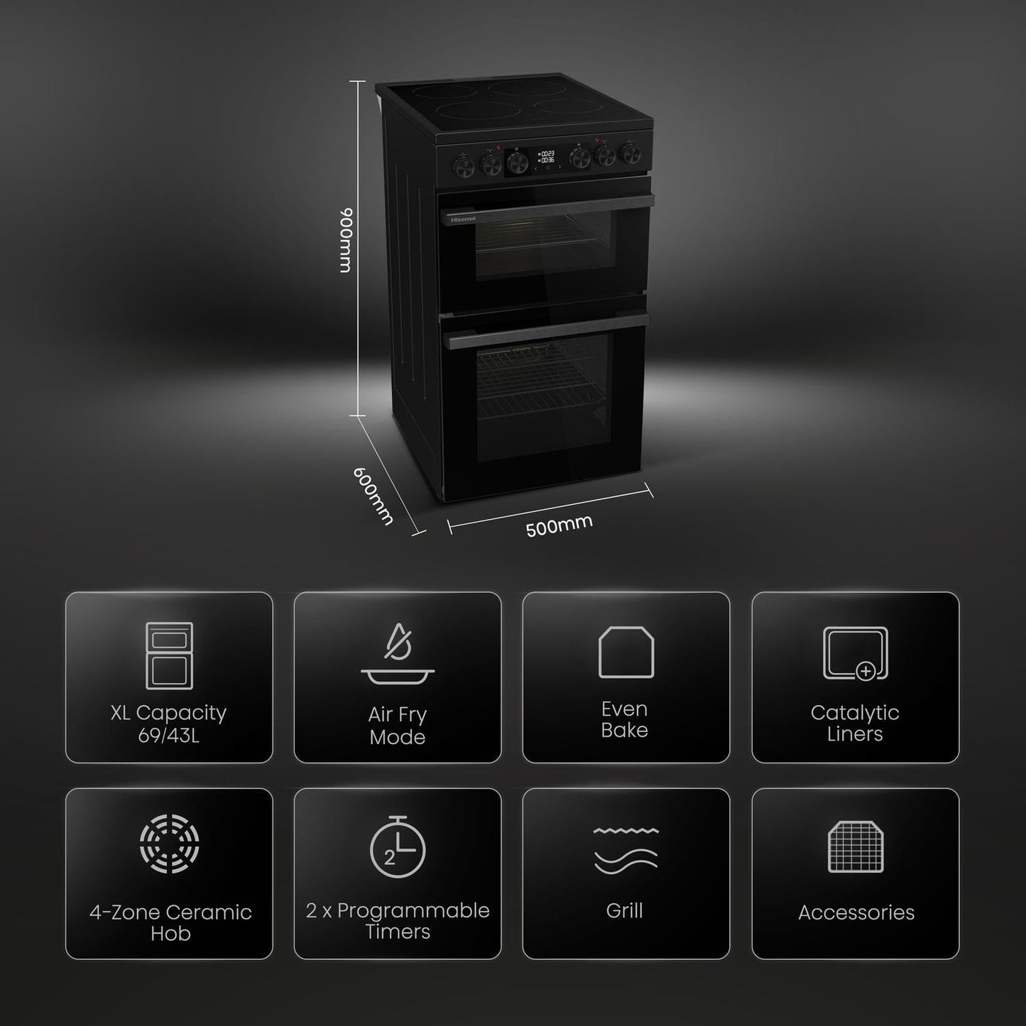 Hisense HDCEC5C10B 50cm Double Oven Electric Cooker with Ceramic Hob Black - A Rated