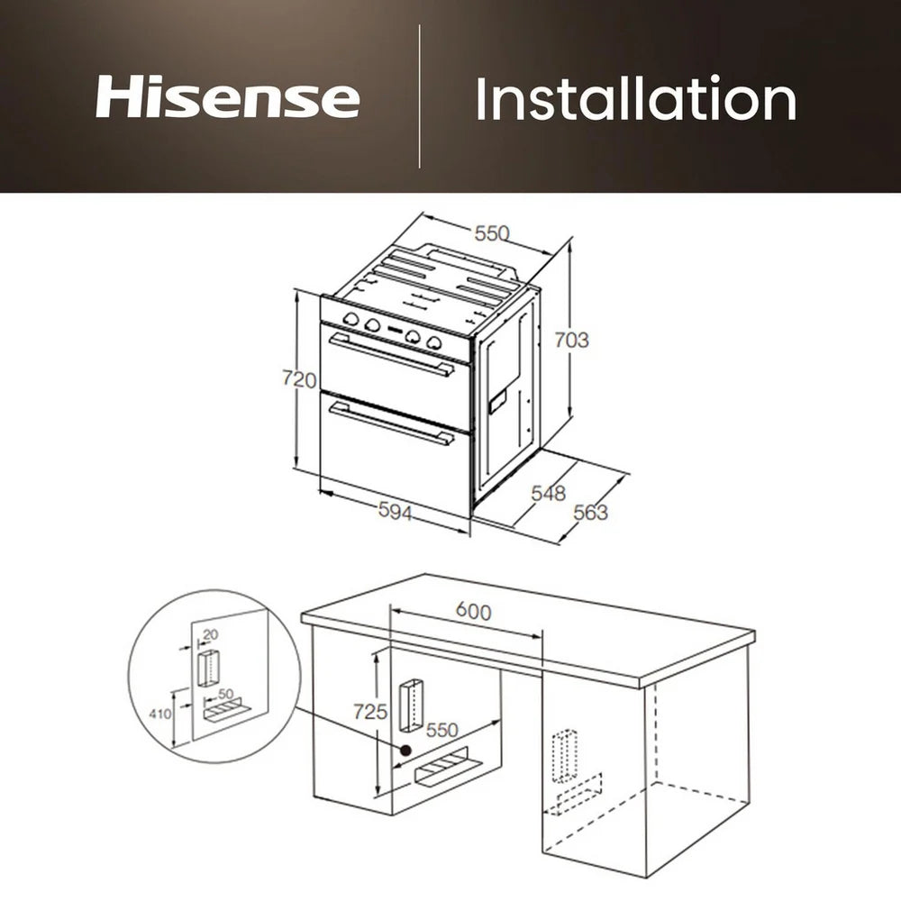 Hisense Hi6 BUD714221CX 54/38L Built Under Electric Double Oven Stainless Steel - A Rated