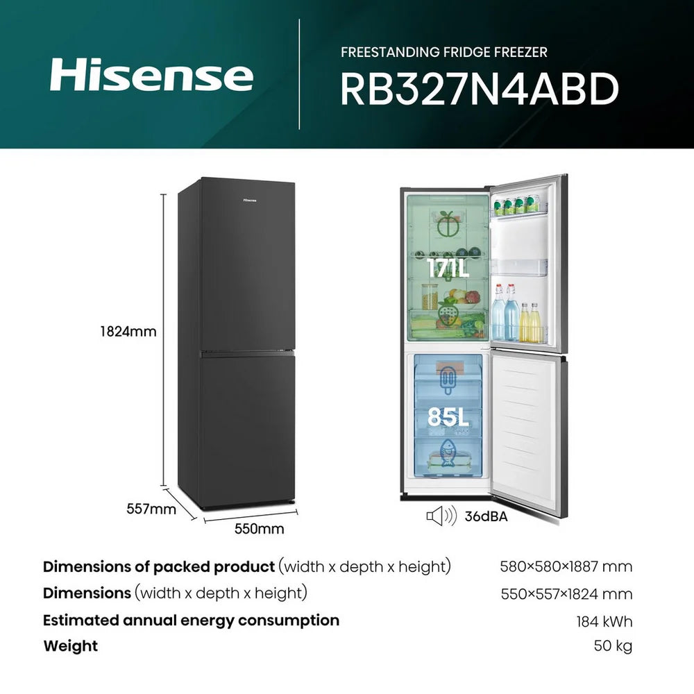 Hisense RB327N4ABD Fridge Freezer Frost Free Freestanding 50/50 182cm Tall 256L - Black