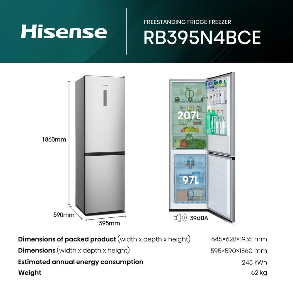 Hisense RB395N4BCE 60/40 Total No Frost Fridge Freezer Stainless Steel - E Rated