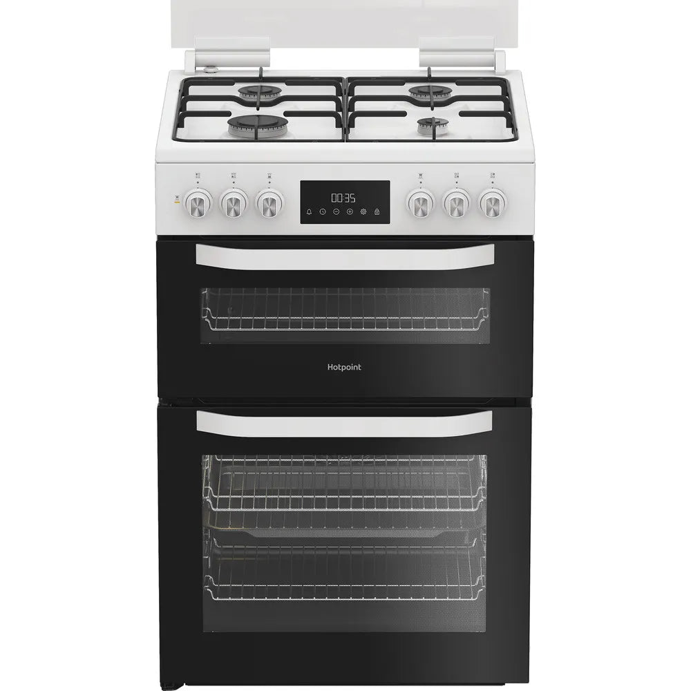 Hotpoint HDD6GDC2W 60cm Dual Fuel Double Cooker with Glass Lid White