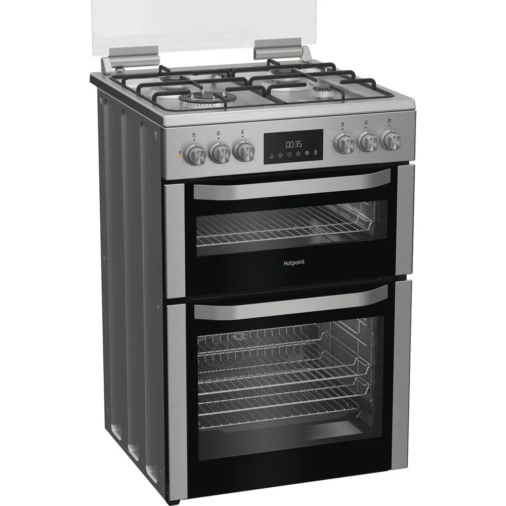 Hotpoint HDD6GDC2WX 60cm Dual Fuel Double Cooker with Glass Lid Stainless Steel