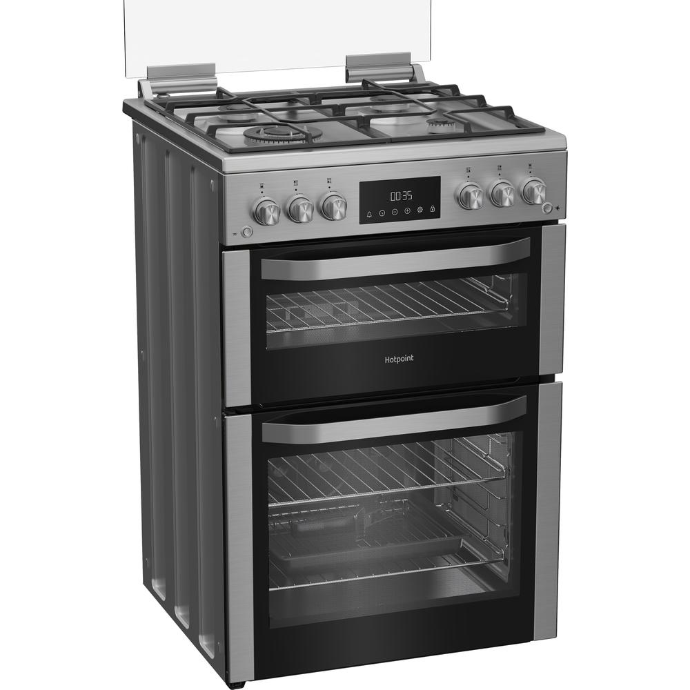 Hotpoint HDG6GDCWX 60cm Gas Double Cooker with Glass Lid Stainless Steel