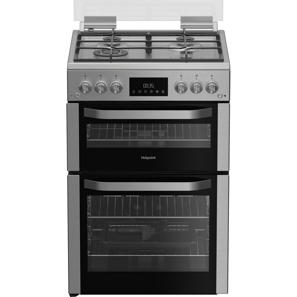 Hotpoint HDG6GDCWX 60cm Gas Double Cooker with Glass Lid Stainless Steel