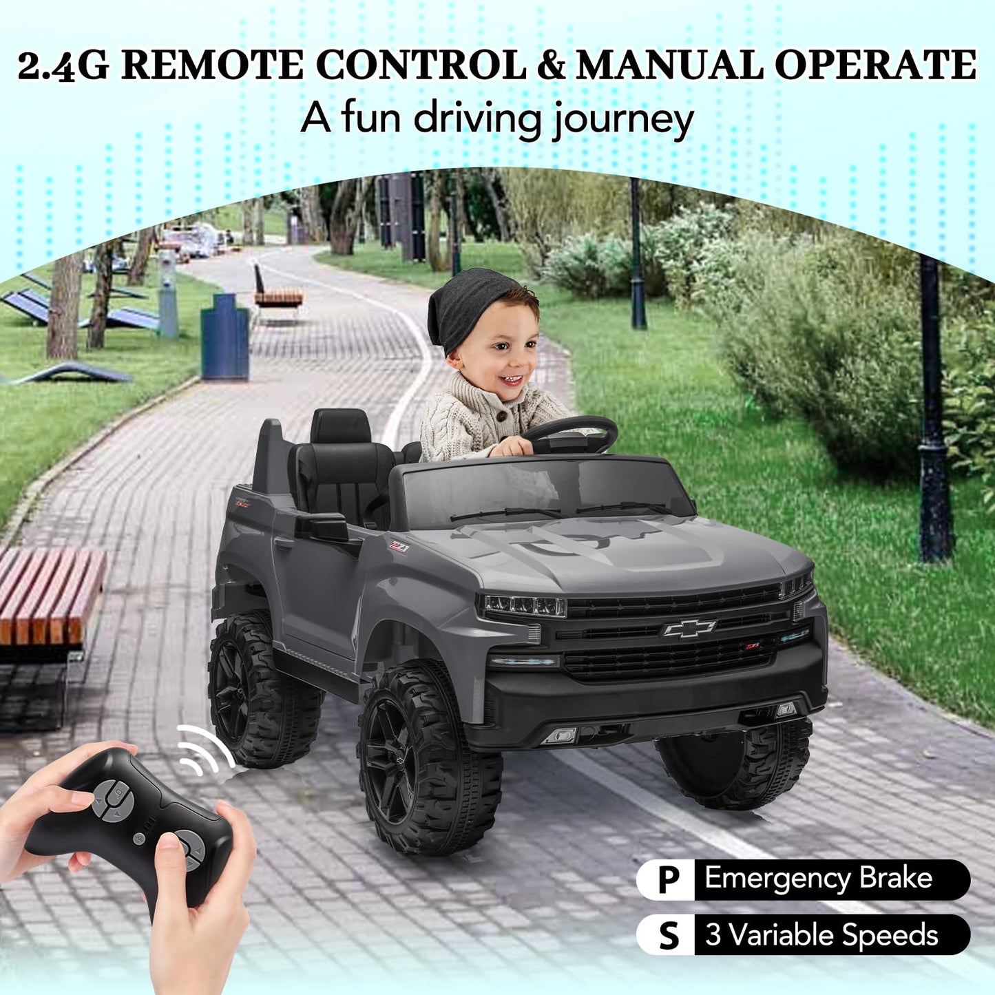 Garvee Ride - P Series: 24V 2-Seater Ride On Car For Kids For 3 - 8 years, Licensed Chevrolet Silverado - Grey