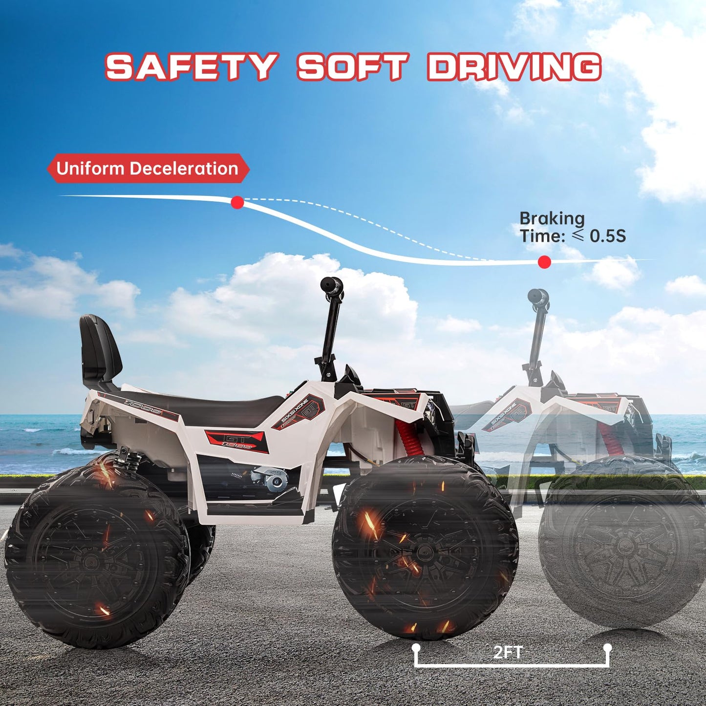 Garvee Ride - P Series: 24V Kids Quad ATV, Ride on Car 4WD Quad Electric Vehicle, 4x80W Powerful Engine, with 7AHx2 Large Battery, Accelerator Handle, EVA Tire, Full Metal Suspension, LED Light, Bluetooth&Music - White