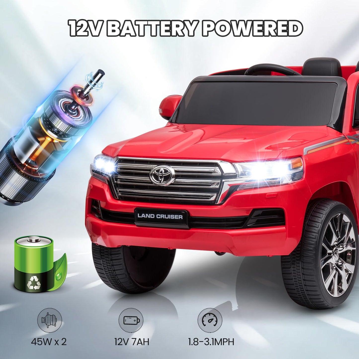 Garvee Ride - P Series: 12V Toyota Land Cruiser Kids' Car: Remote, LED, 3 Speeds, Dual 45W Motors, USB Music, Seat Belt, CPC & ASTM Approved