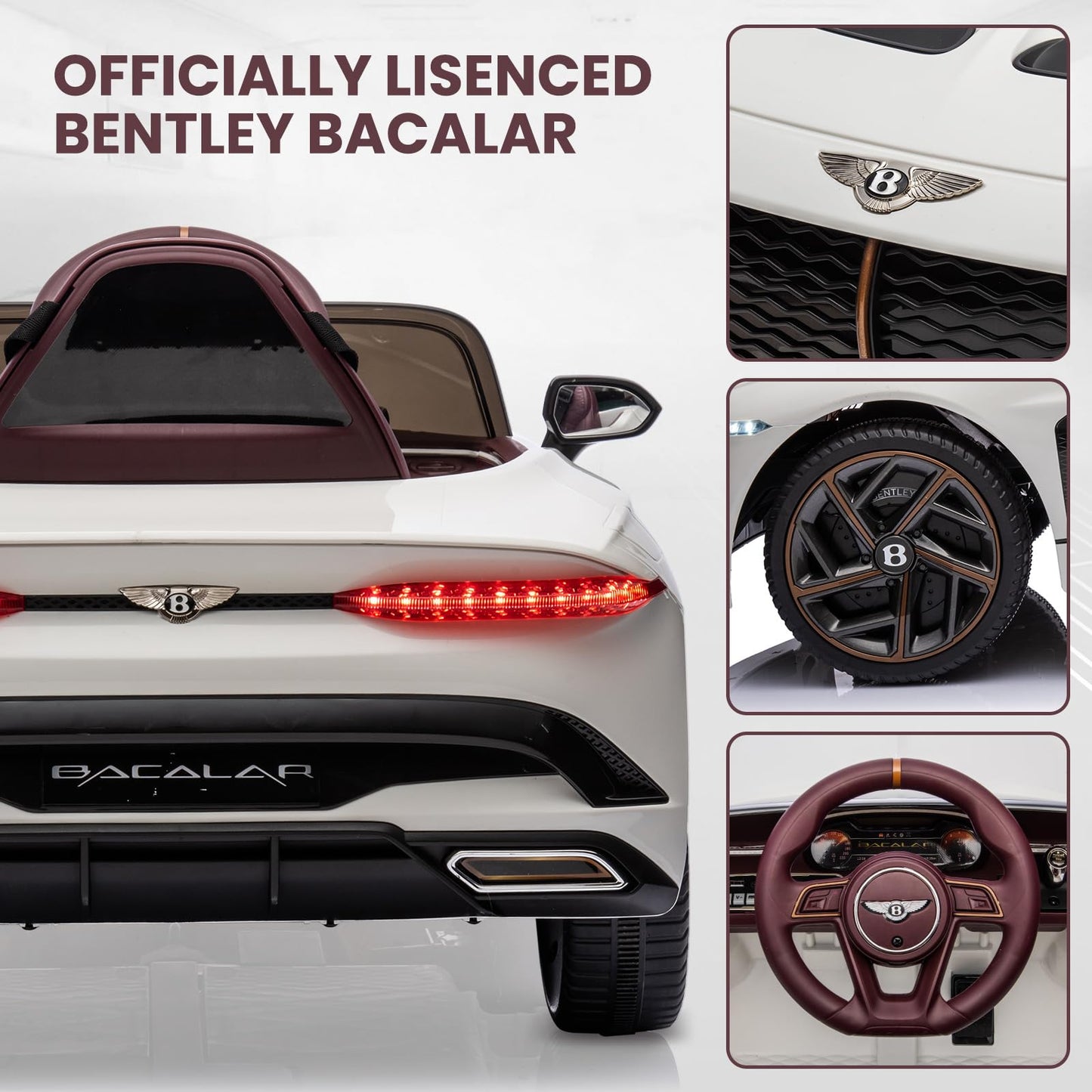 Garvee Kids Ride On Car, Licensed Bentley Bacalar 12V Electric Vehicles w/Parent Remote Control, Scissor Door, Suspension, 3 Speeds, LED Lights, Horn, Battery Powered Ride on Toy for Boys Girls - White