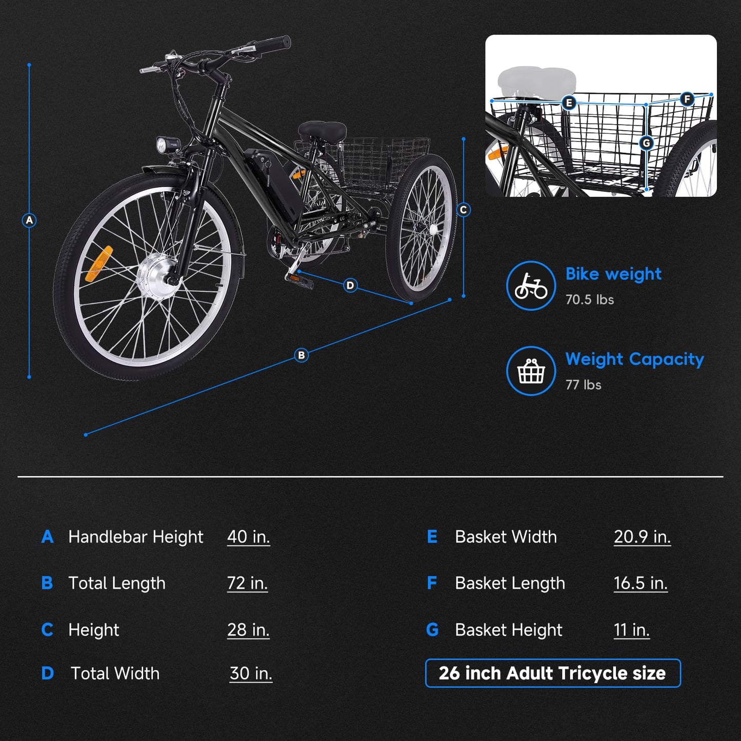 Garvee 26 Inch Adult 3 Wheel Electric Tricycle with Basket, Fat Tires,7 Speeds,350W Powerful Motor, 36V 10Ah Removable Battery - Dark Gray