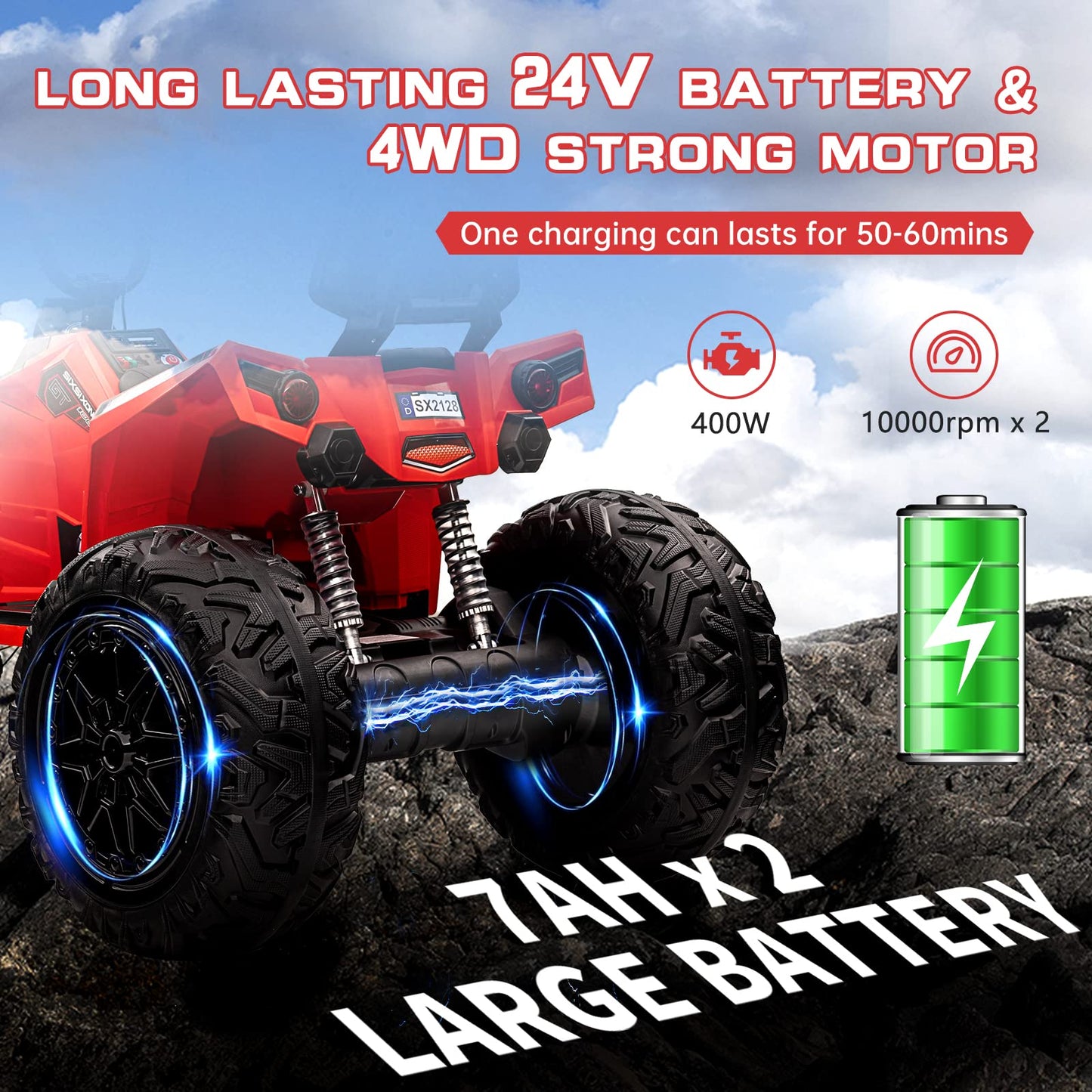 Garvee Ride - P Series: 24V Kids ATV, Ride on Car 4WD Quad Electric Vehicle, 4x80W Powerful Engine, with 7AHx2 Large Battery, Accelerator Handle, EVA Tire, Full Metal Suspension, LED Light, Bluetooth&Music - Red