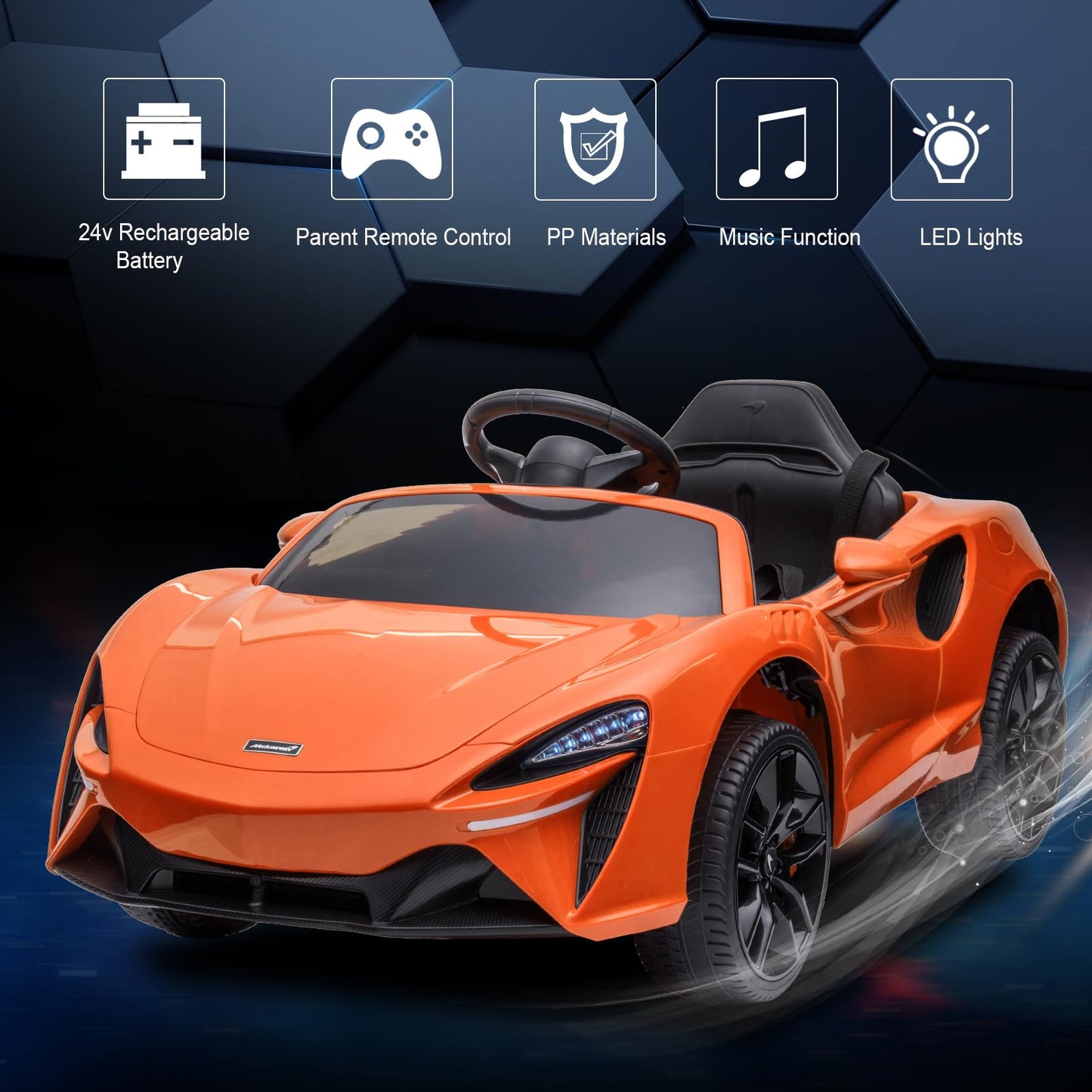 Garvee Ride - P Series: 12V Kids Ride on Car, Licensed Mclaren Battery Powered Electric Car with Remote Control, 3 Speeds, Bluetooth Music, Horn, LED Lights, 4-Wheel Ride on Toys - Orange