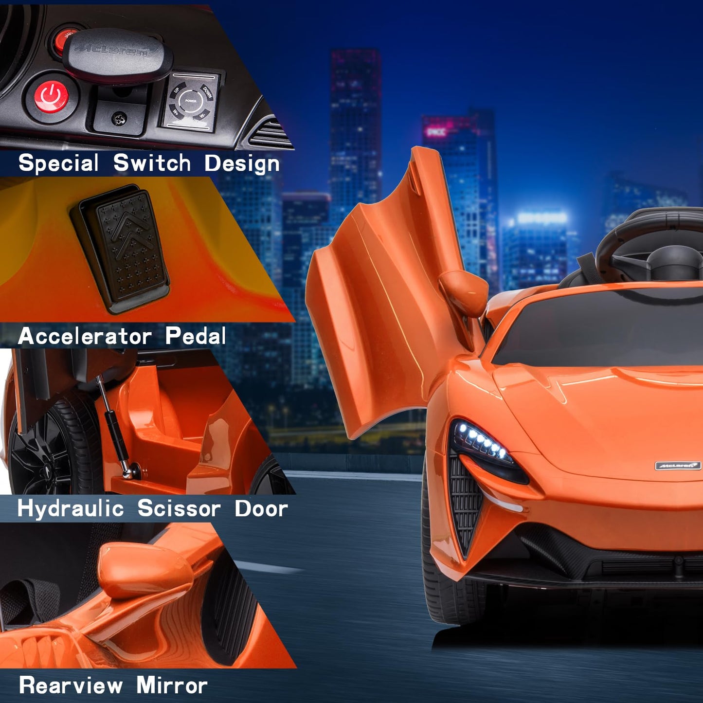 Garvee Ride - P Series: 12V Kids Ride on Car, Licensed Mclaren Battery Powered Electric Car with Remote Control, 3 Speeds, Bluetooth Music, Horn, LED Lights, 4-Wheel Ride on Toys - Orange
