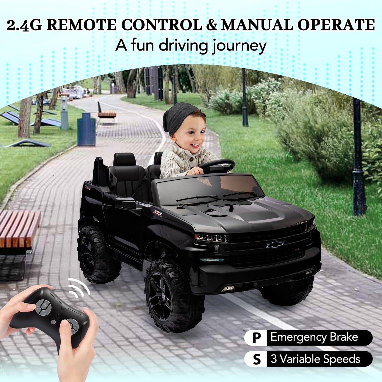 Garvee Ride - P Series: 24V 2-Seater Ride On Car For Kids For 3 - 8 years, Licensed Chevrolet Silverado - Black
